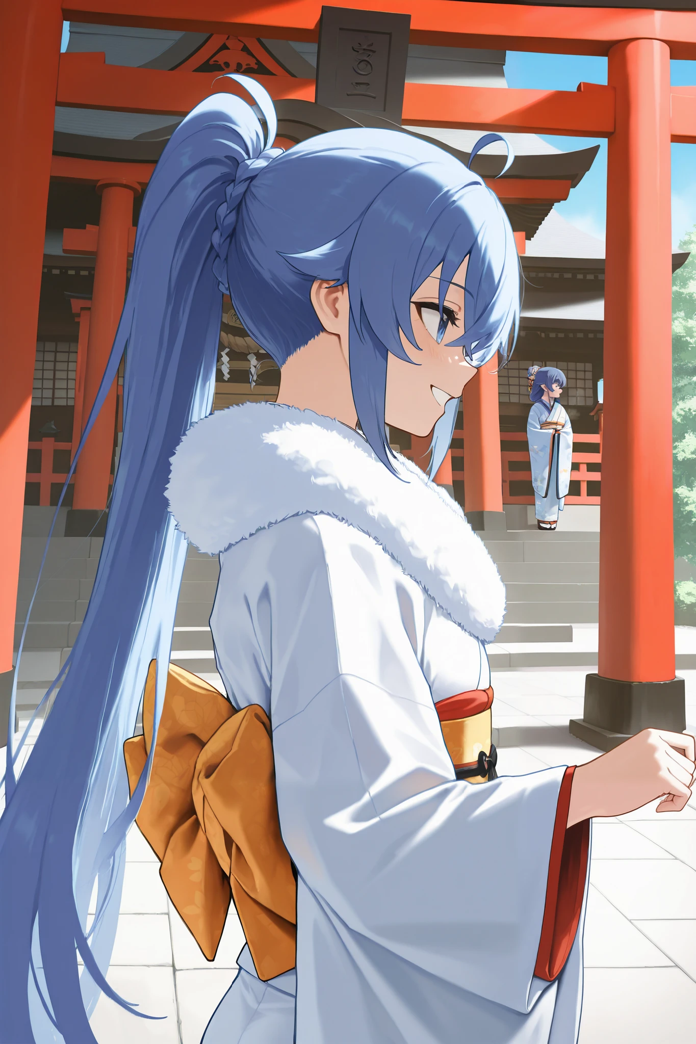 NSFW,masterpiece, best quality , high resolution, very detailed on trends, Roxy Migurdia、 Twin Blade, kimono,Long-sleeved kimono,fur collar, happy face,shrine,Approach,torii,first visit of the year to a shrine,profile
