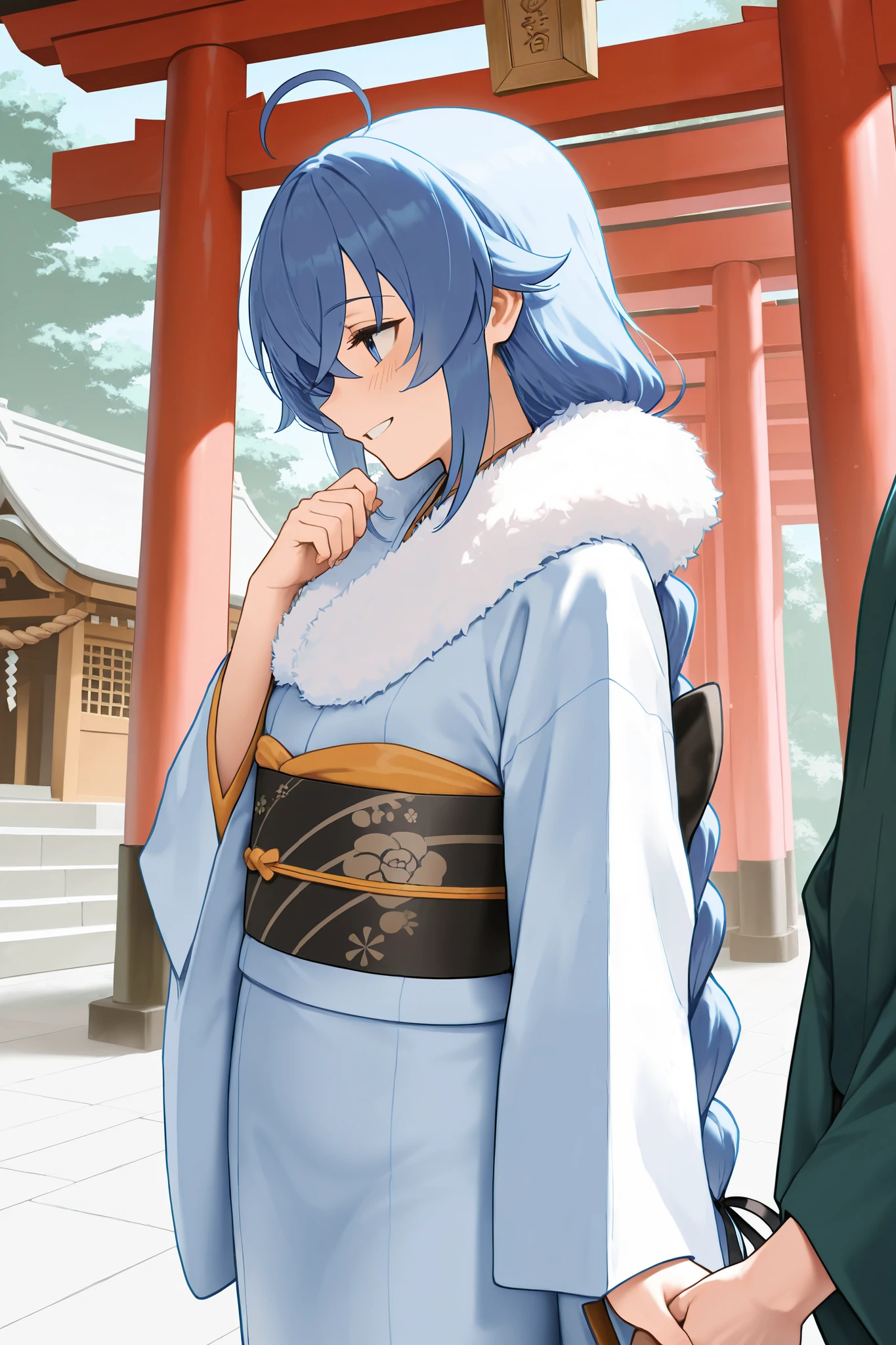 NSFW,masterpiece, best quality , high resolution, very detailed on trends, Roxy Migurdia、 Twin Blade, kimono,Long-sleeved kimono,fur collar, happy face,shrine,Approach,torii,first visit of the year to a shrine,profile