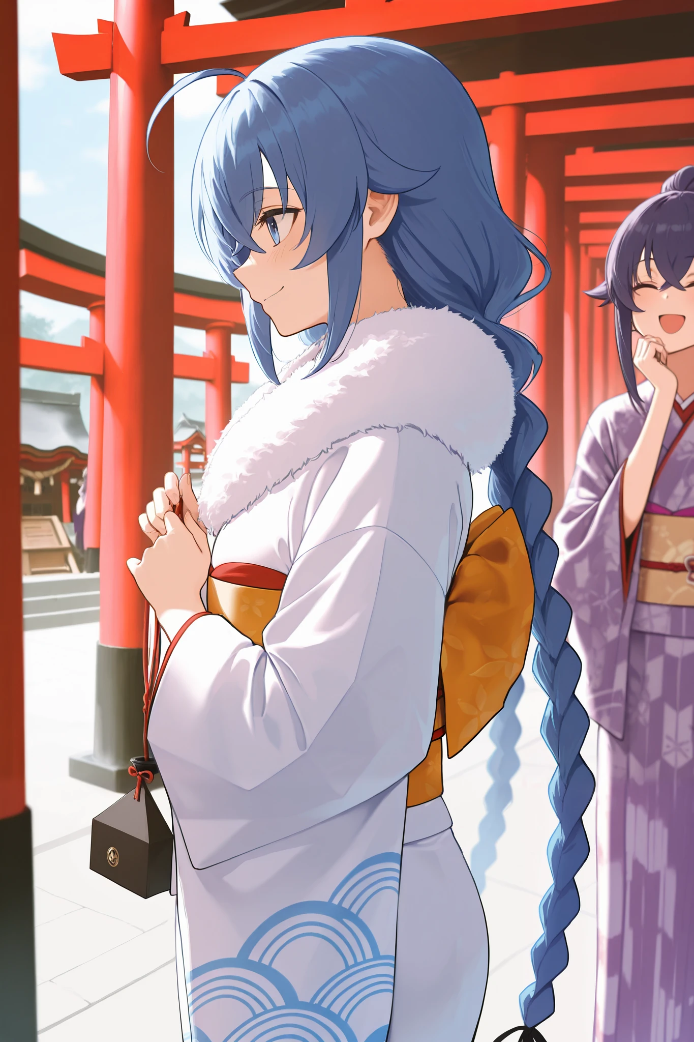 NSFW,masterpiece, best quality , high resolution, very detailed on trends, Roxy Migurdia、 Twin Blade, kimono,Long-sleeved kimono,fur collar, happy face,shrine,Approach,torii,first visit of the year to a shrine,profile
