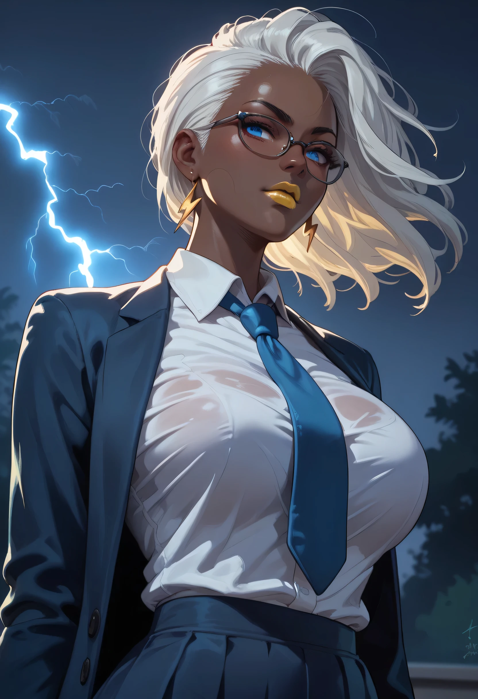 woman, white hair, big breasts, yellow lipstick, anime style, black skin, blue eyes, school, glasses, teacher, dark sky, lightning, blue tie, Storm