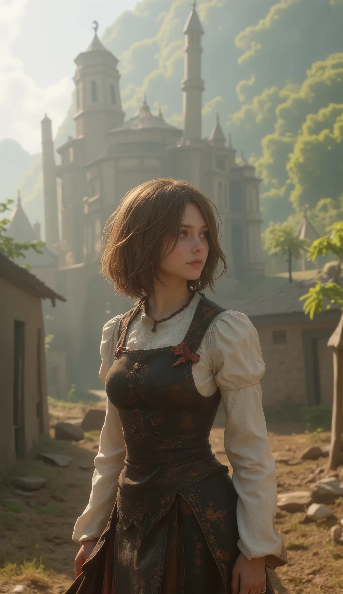 She's just a girl who works on a farm. she lives in difficult times., It's the dark ages. , Crazy World, Floating Island, Cloud Castle, ( best quality :1.3), ( high resolution:1), ( Details:1.3), (can't believe it:1.3), (perfection:1.3), (perfectionion:1.3), (Volume cover art:0), ( illustration:1.3), art by studio ghibli
