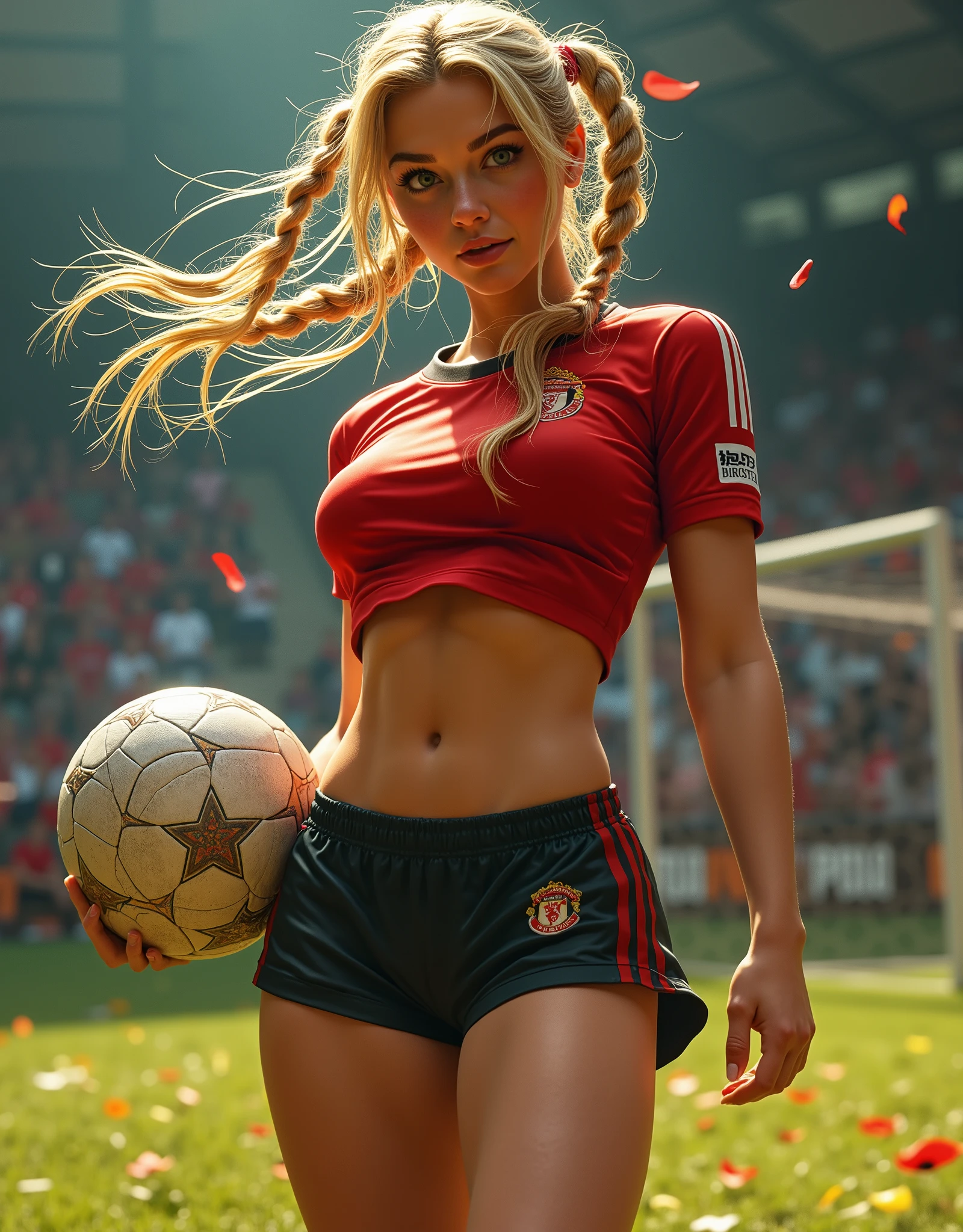 teenage girl, about 16, on the soccer field, holding soccer ball, blonde hair, ponytails, very tight tiny soccer shirts, small t-shirt, tummy and belly button exposed, sexy, erotic, NSFW, knee socks, vivid lurid colors, European fumetto style, Frazetta,