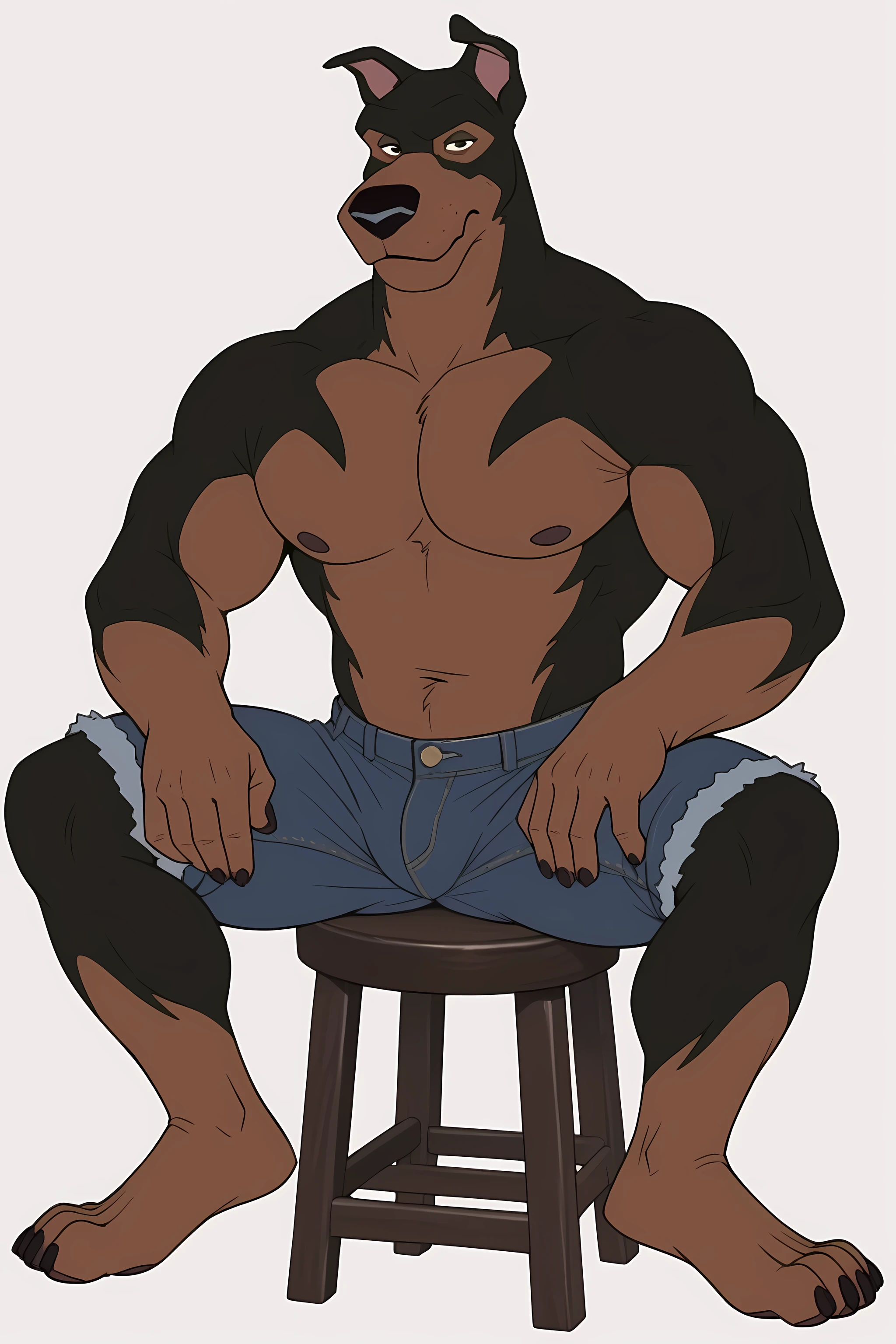 smiling and sweaty muscled anthropomorphic doberman dog sitting on chair, his paw raised high up and forwards, focus on sweaty paw soles