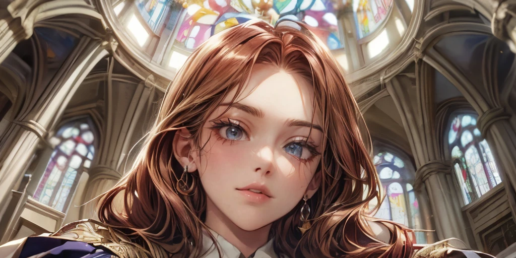 1 Caucasian woman(Very beautiful face,Perfect Face,red hair,Very Long Hair,straight,Very beautiful hair,Very beautiful flowy robes),background(cathedral,Stained Glass,tinted Lights shines from the ceiling),(Best Quality,Highest quality,masterpiece,detail,Super fine),(close-up, laying down on altar,Art Nouveau,Alphonse Mucha)