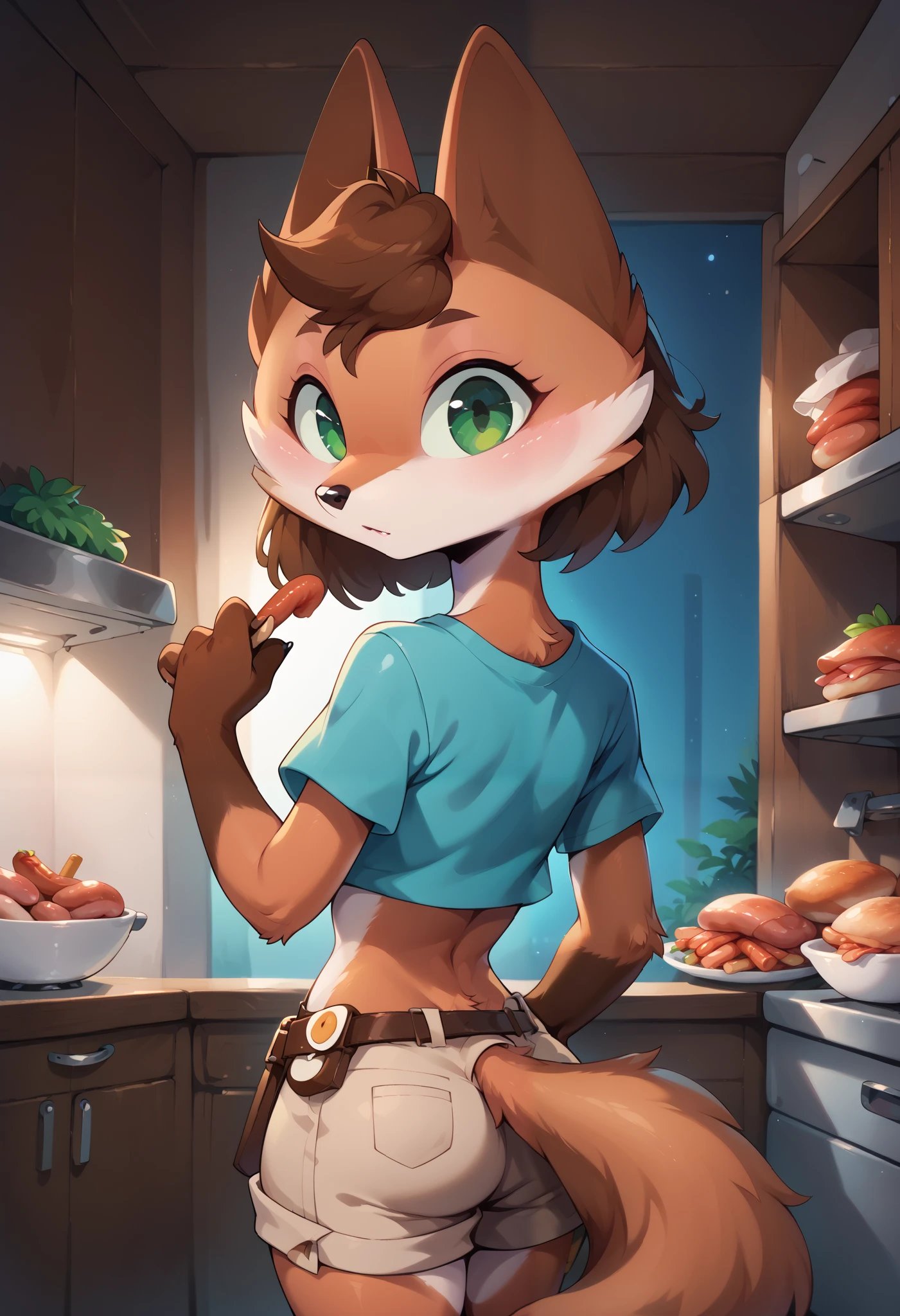 score_9, score_8_up, score_7_up, score_6_up, score_5_up, score_4_up, 1boy, sineki, anthro fox, brown hair, furry female, green eyes, brown body, big eyes, 30yo, show accurate, wide hips, 4k, ultra detailed, focus eyes, night, 4fingers, aqua crop top, holster, beige shorts, room, open refrigerator, puffy cheeks, kitchen, looking back, cartridge belt, chews a sausage