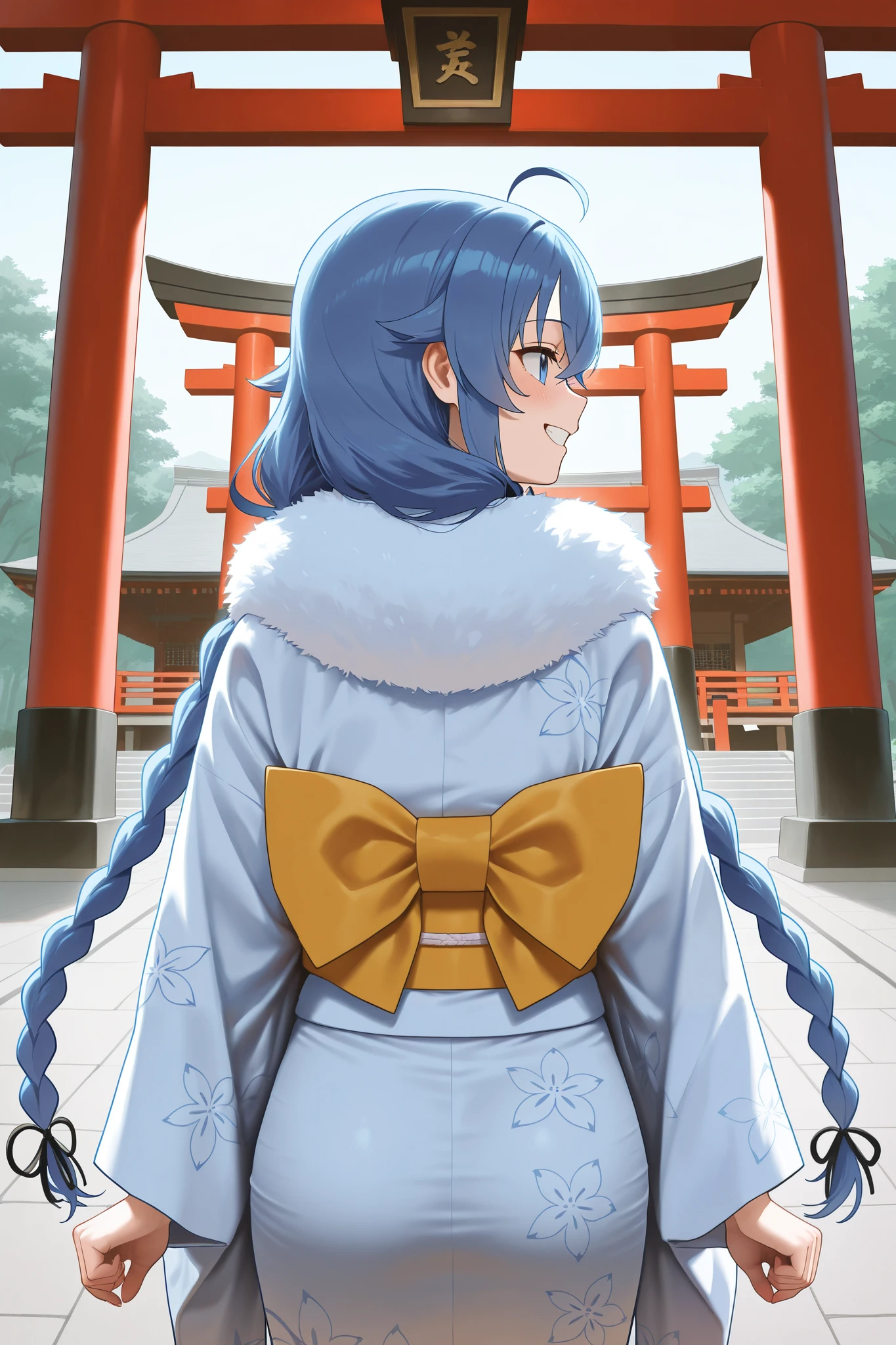 NSFW,masterpiece, best quality , high resolution, very detailed on trends, Roxy Migurdia、 Twin Blade, kimono,Long-sleeved kimono,fur collar, happy face,shrine,Approach,torii,first visit of the year to a shrine,profile, and turn around