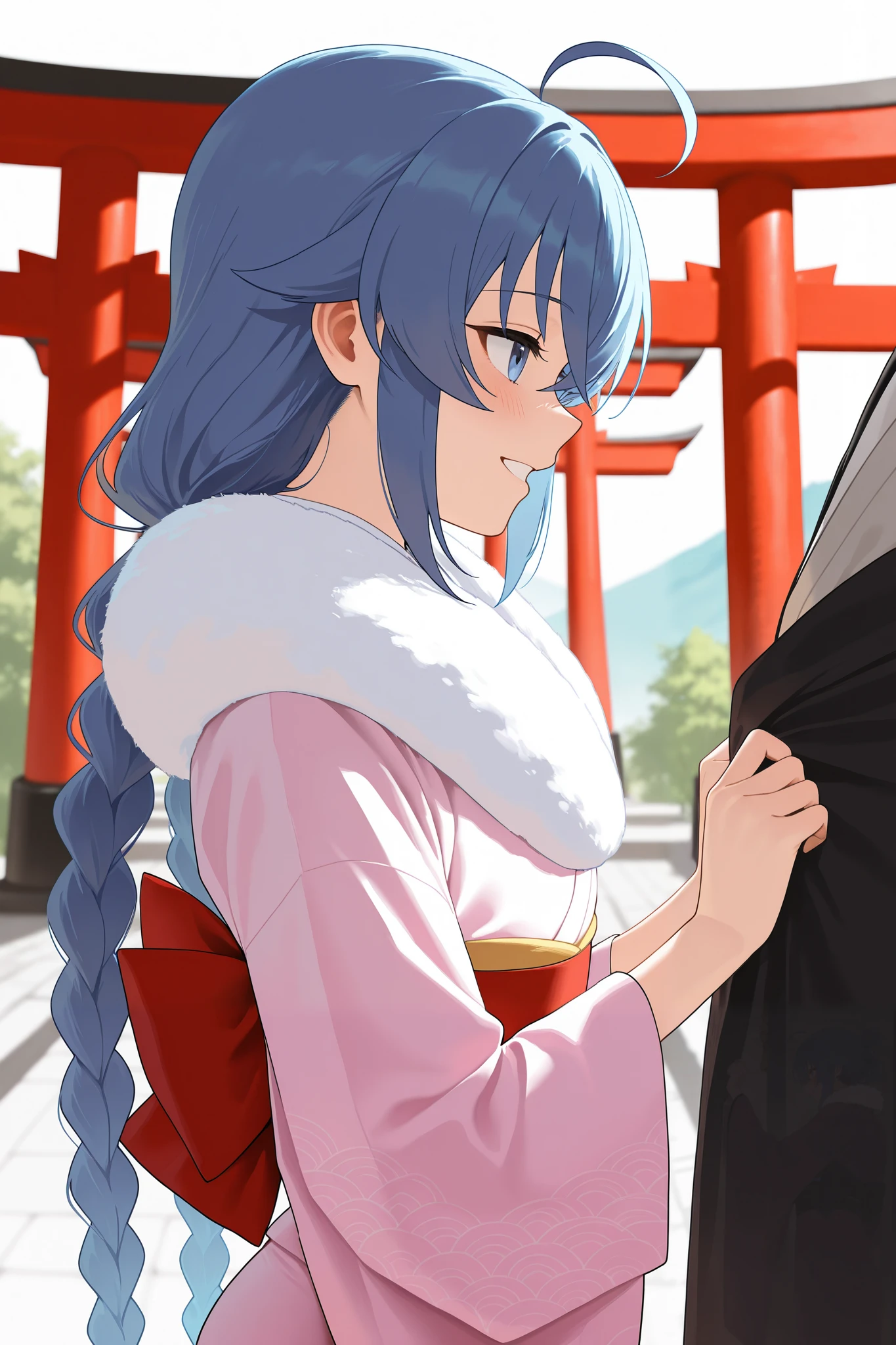 NSFW,masterpiece, best quality , high resolution, very detailed on trends, Roxy Migurdia、 Twin Blade, kimono,Long-sleeved kimono,fur collar, happy face,shrine,Approach,torii,first visit of the year to a shrine,profile, and turn around
