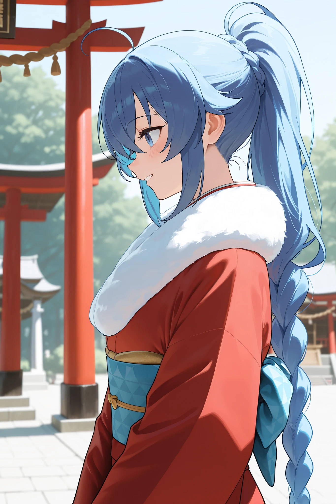 NSFW,masterpiece, best quality , high resolution, very detailed on trends, Roxy Migurdia、 Twin Blade, kimono,Long-sleeved kimono,fur collar, happy face,shrine,Approach,torii,first visit of the year to a shrine,profile, and turn around