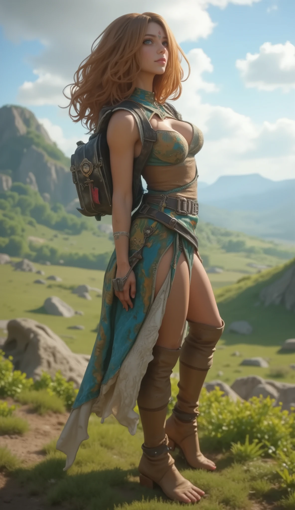 glass, null, Field,  League of Legends,  1 girl, Elf, Druid,  animal ears , bandage legs,  long legs , bandage, bandage,  bird foot, Bird Skull, Cape, shut up, Ears by Headdress ,  Eyes Seen Through Gaps in the Hair, Face painting, feather, Food, Fooded Cape,  long hair, Brown and green eyes, ginger, Red Hair,  Colorful Hair , armor, blue  scarves ,  scarves ,  scarves ,  scarves   long hair, Fooded  scarves , Green clothes,  green skirt,   Long Skirt, leather armor, Nose ring, nostril,   backpack