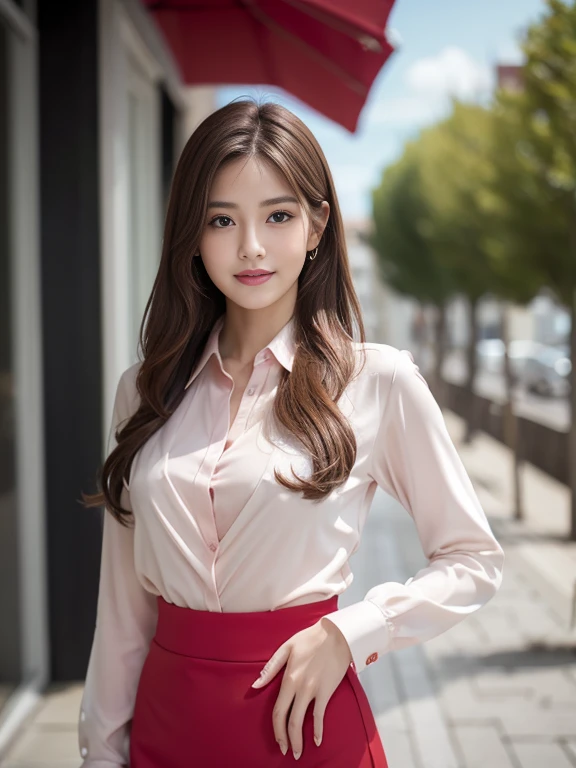 highest quality, Realistically, Very detailed, About pubic hair, High resolution, 8k wallpaper, One beautiful woman, Pink wet lips, Light brown messy hair, Wearing a suit, shirt, White Skirt, Lock focus, Perfect dynamic composition, Beautiful Eyes, Delicate Hair, Detailed Realistically skin texture, smile, Close-up portrait, Model Body Type, On the open terrace of the cafe, Blurred Background, (Full Body Shot), Take photos from a distance, Random body orientation,Sit on a chair