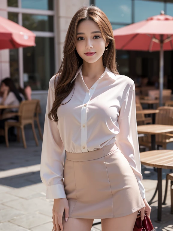 highest quality, Realistically, Very detailed, About pubic hair, High resolution, 8k wallpaper, One beautiful woman, Pink wet lips, Light brown messy hair, Wearing a suit, shirt, White Skirt, Lock focus, Perfect dynamic composition, Beautiful Eyes, Delicate Hair, Detailed Realistically skin texture, smile, Close-up portrait, Model Body Type, On the open terrace of the cafe, Blurred Background, (Full Body Shot), Take photos from a distance, Random body orientation,Sit on a chair、