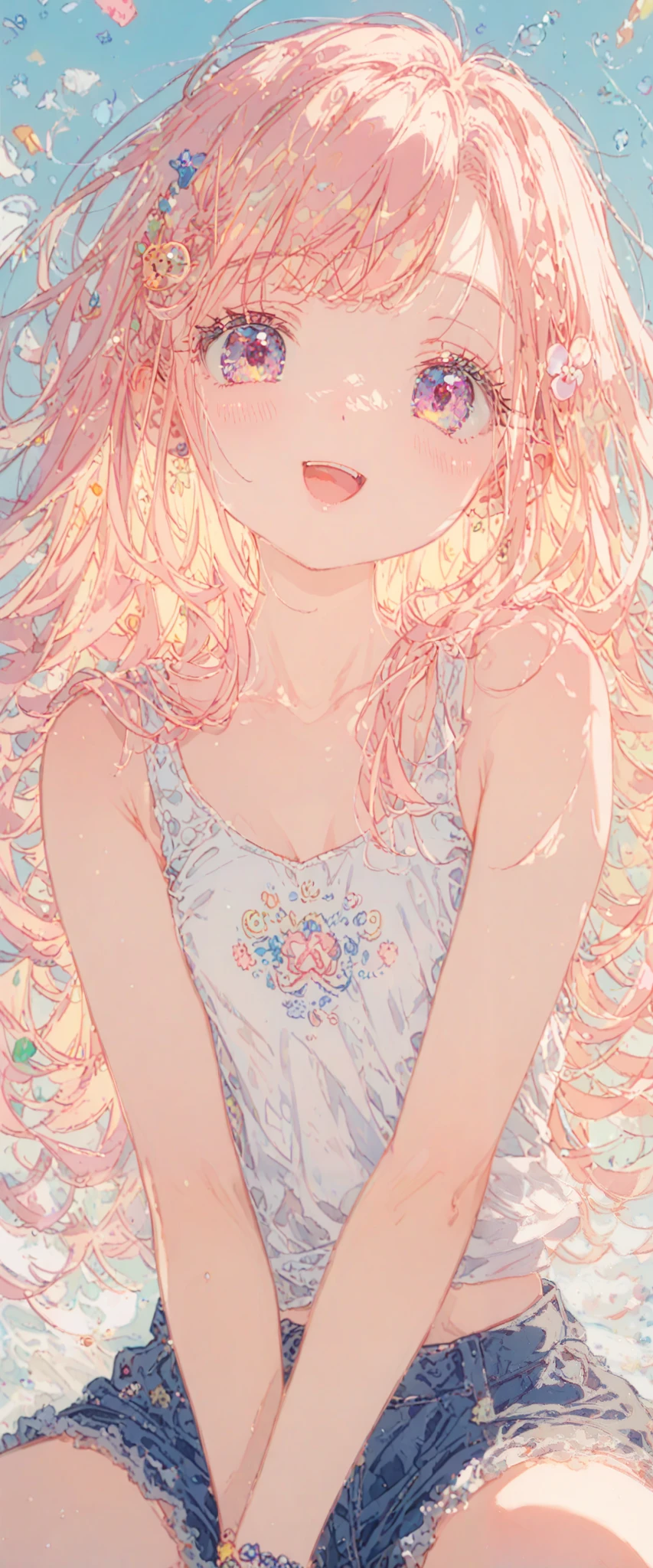 Masterpiece , top quality, very detailed, Detailed Background , detailed face , It's cute to stare at viewers, Snufkin girl , ((tank top))、((miniskirt))、 pastel colors , embedded:SimplePositiveXLv1, light hair, score_9_up, score_8_up, score_7_up, score_6_up, 1 girl, Alone, pastel colors , open mouth, long hair, ,Cute ,Kawaii