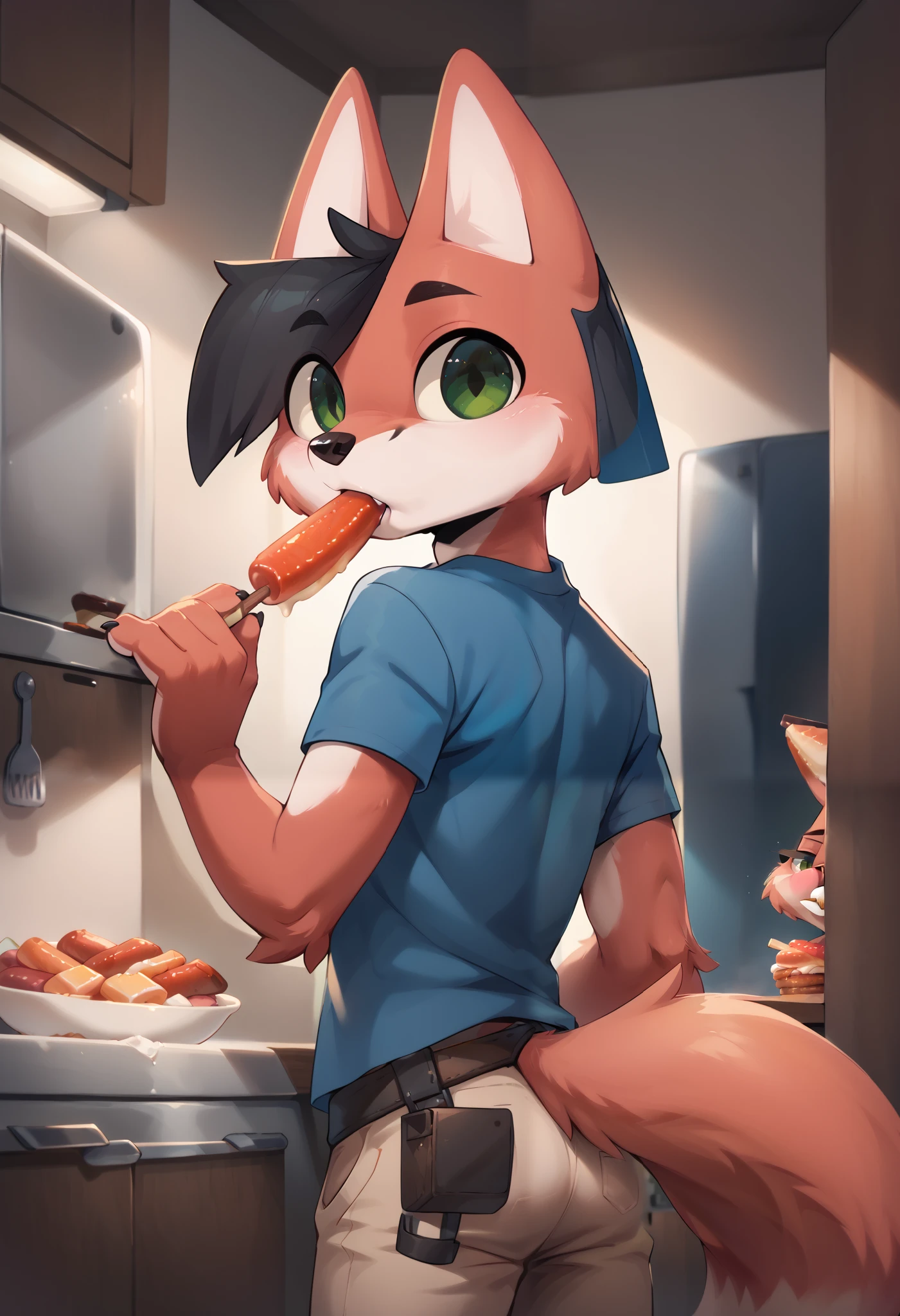 score_9, score_8_up, score_7_up, score_6_up, score_5_up, score_4_up, 1boy, lisris, anthro fox, black hair, furry male, green eyes, red body, furry male, big eyes, 30yo, show accurate, wide hips, 4k, ultra detailed, focus eyes, night, 4fingers, blue shirt, holster, beige pants, room, open refrigerator, puffy cheeks, kitchen, looking back, cartridge belt, eating a sausage
