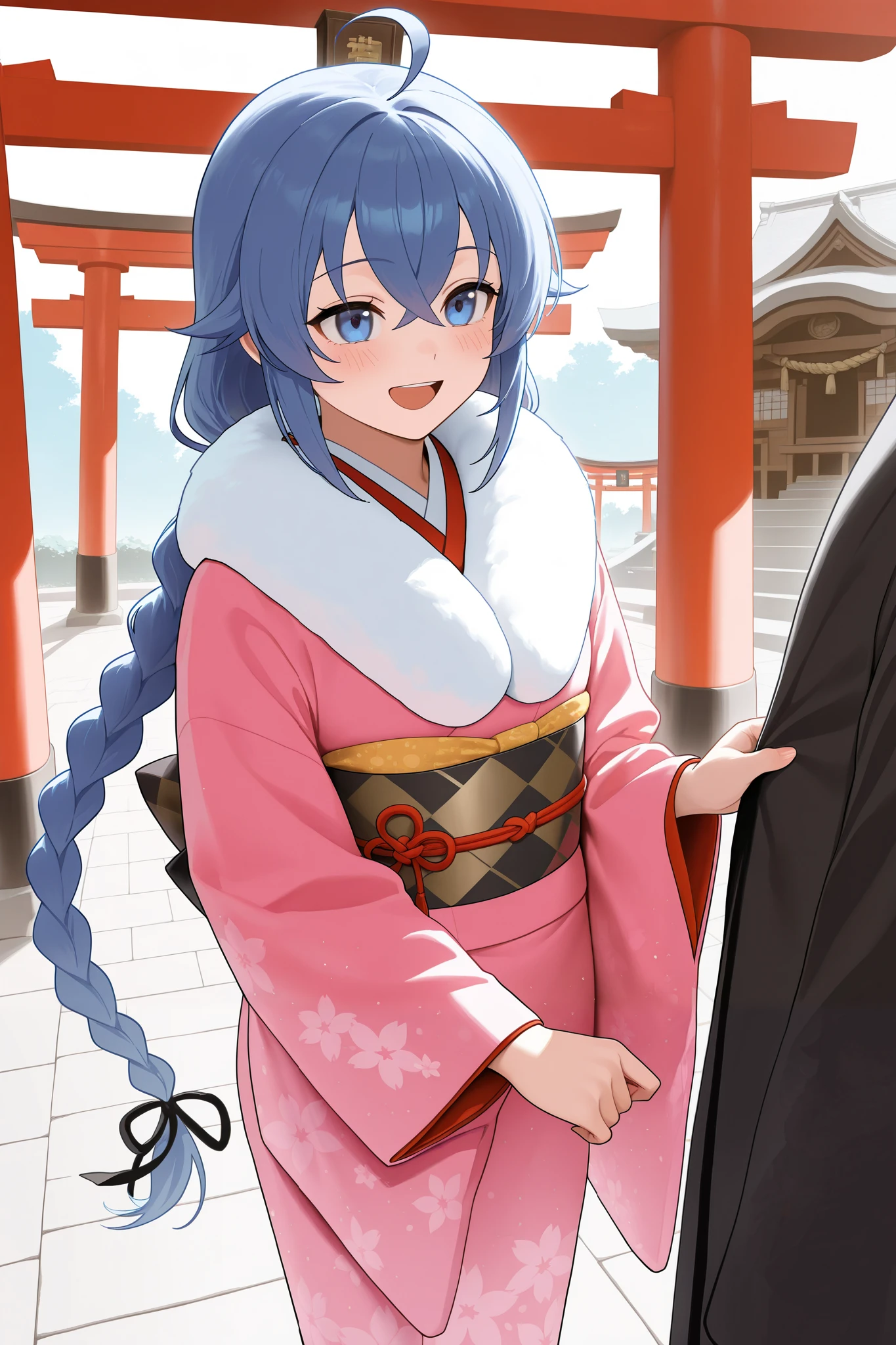 NSFW,masterpiece, best quality , high resolution, very detailed on trends, Roxy Migurdia、 Twin Blade, kimono,Long-sleeved kimono,fur collar, happy face,shrine,Approach,torii,first visit of the year to a shrine, and turn around