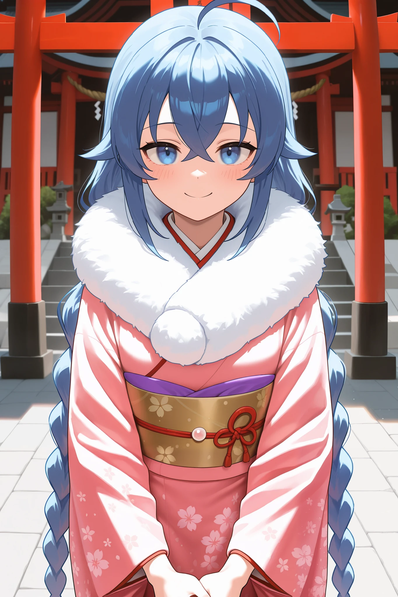 NSFW,masterpiece, best quality , high resolution, very detailed on trends, Roxy Migurdia、 Twin Blade, kimono,Long-sleeved kimono,fur collar, happy face,shrine,Approach,torii,first visit of the year to a shrine, and turn around