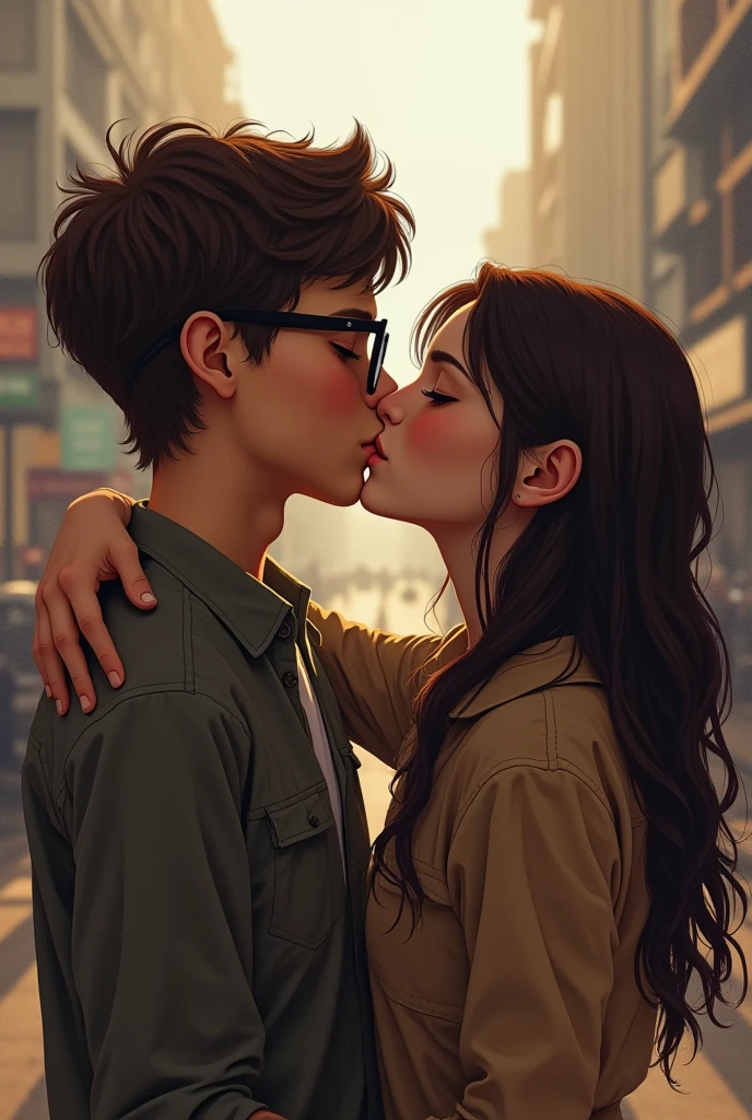 Bob and Lizzie are kissing, soft and meaningful. The background is a blur, focusing entirely on them. She's wearing a black pants and a fluffy, limegreen jacket with hood.
He's wearing jeans and a buttoned up shirt.