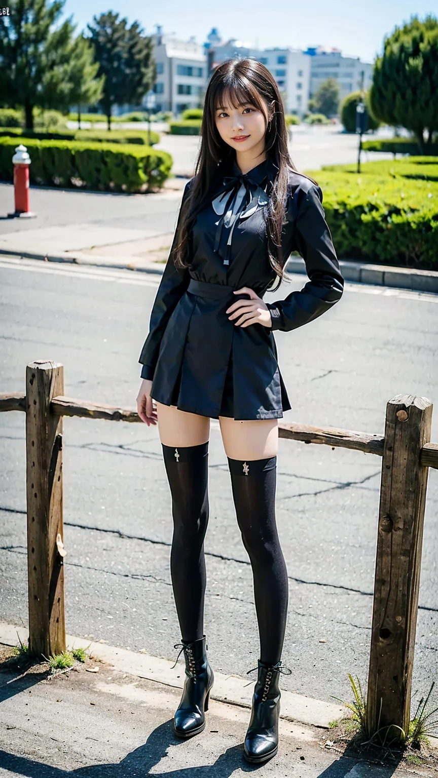 There was a woman in a black leather coat and boots, Surrealism female students, Surrealism female students, Anime girl cosplay, wearing atsuko kudo latex outfit, the anime girl is crouching, Realistic young gravure idol, Realistic schoolgirl,  female student, wearing black latex clothing