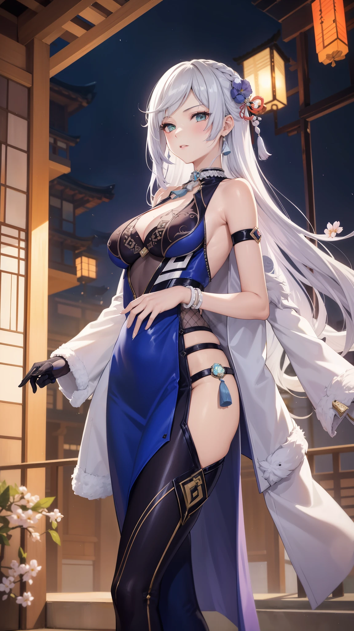 masterpiece)),((Highest quality)),High resolution,Highly detailed CG,Perfect lighting,8k wallpaper、One Woman, alone、Very long hair、Red Eyes、Very large breasts、Very large breasts、very thick legs、Looking into the camera、Captivating smile,White clothing