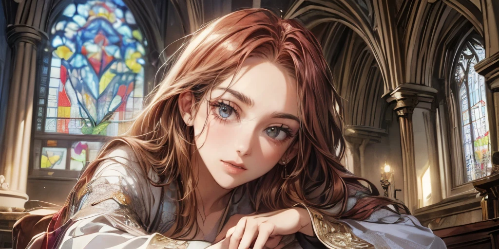 1 Caucasian woman(Very beautiful face,Perfect Face,red hair,Very Long Hair,straight,Very beautiful hair,Very beautiful flowy robes),background(cathedral,Stained Glass,tinted Lights shines from the ceiling),(Best Quality,Highest quality,masterpiece,detail,Super fine),(close-up, laying down on altar,Art Nouveau,Alphonse Mucha)