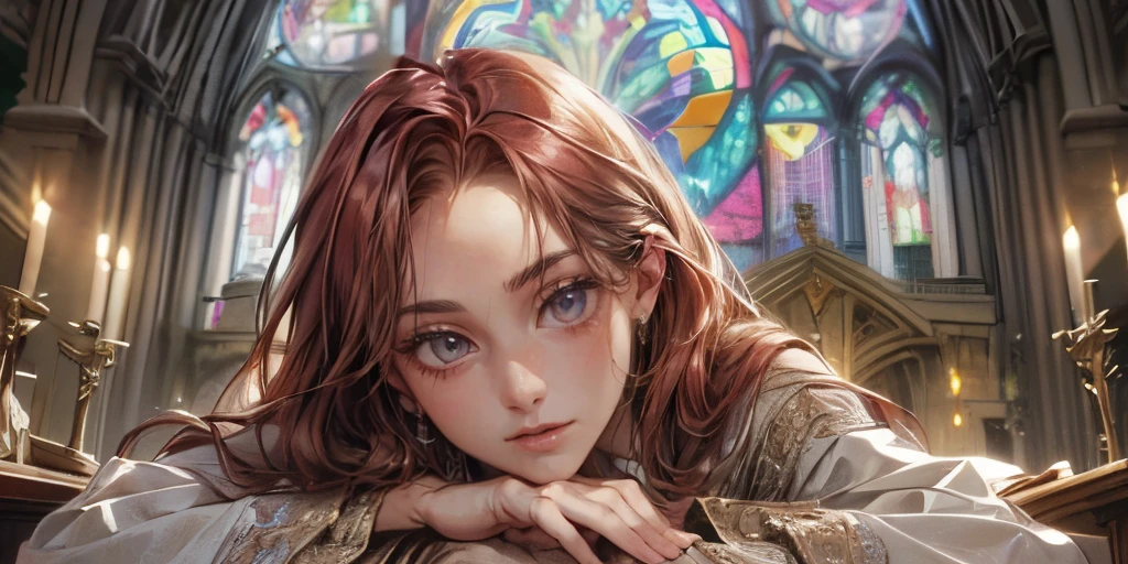 1 Caucasian woman(Very beautiful face,Perfect Face,red hair,Very Long Hair,straight,Very beautiful hair,Very beautiful flowy robes),background(cathedral,Stained Glass,tinted Lights shines from the ceiling),(Best Quality,Highest quality,masterpiece,detail,Super fine),(close-up, laying down on altar,Art Nouveau,Alphonse Mucha)