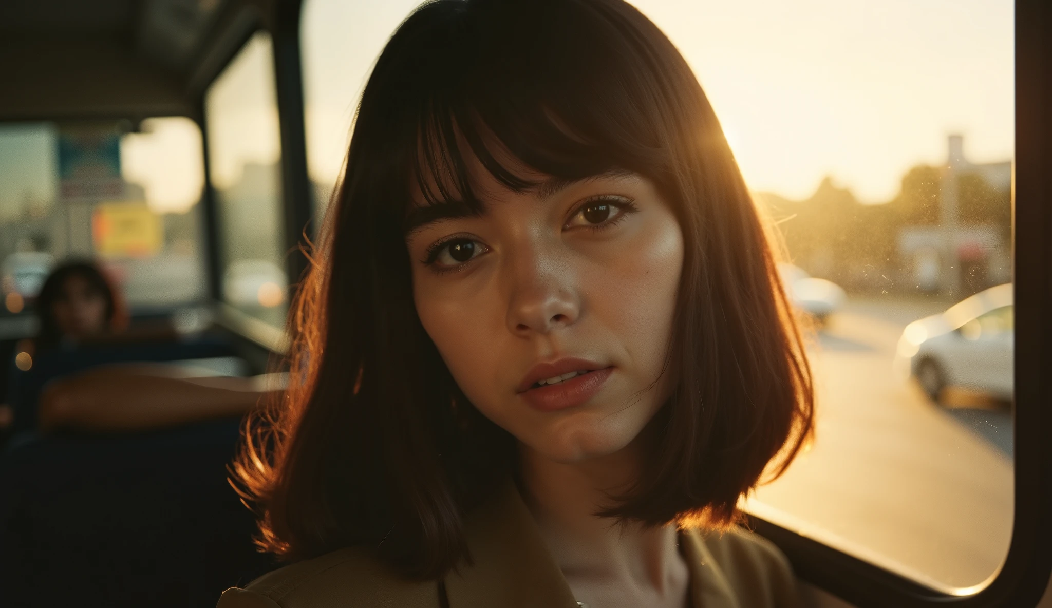 A cinematic portrait of a young woman sitting on a bus during golden hour, with soft, natural lighting casting warm highlights on her face. She has shoulder-length dark hair with bangs, subtle makeup emphasizing her luminous eyes, and a calm, introspective expression. The background captures the motion blur of passing cars through the bus window, creating a serene and nostalgic atmosphere. The image conveys a timeless, dreamy, and slightly melancholic mood, with a focus on natural beauty and emotional depth