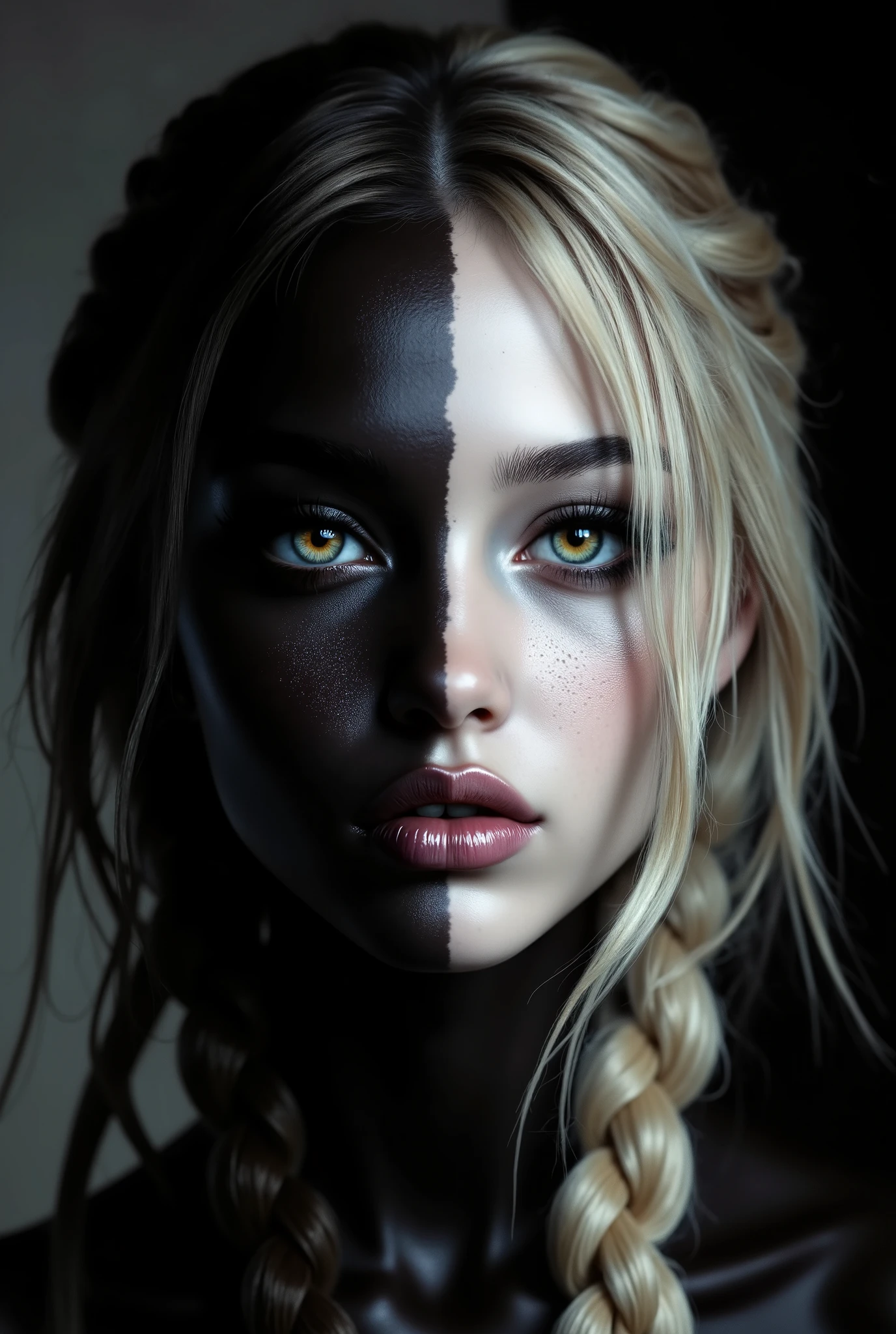 ( highdefinition images、Pro Work 、Artistic、 The Greatest Masterpiece、 Draw realistically accurately with detailed details 、 Detailed texture :1.2)、( beautiful in a dark room 1A girl who is black on the right and white on the left 、 on the right is braided hair bundled at the back 、On the left is long blond hair 、光に照らされている美しい and look up your profile、Small chin、 big eyes、 Feeling slightly apart between eyes 、( big eyes)、Beautiful Nose、Thick lips、( beautiful jet black skin and beautiful white skin 、 expresses skin texture in detail down to pores )、(( and look up your profile、Face sticking out 、Half and Half、Split、The background is a dark room )):1.5)