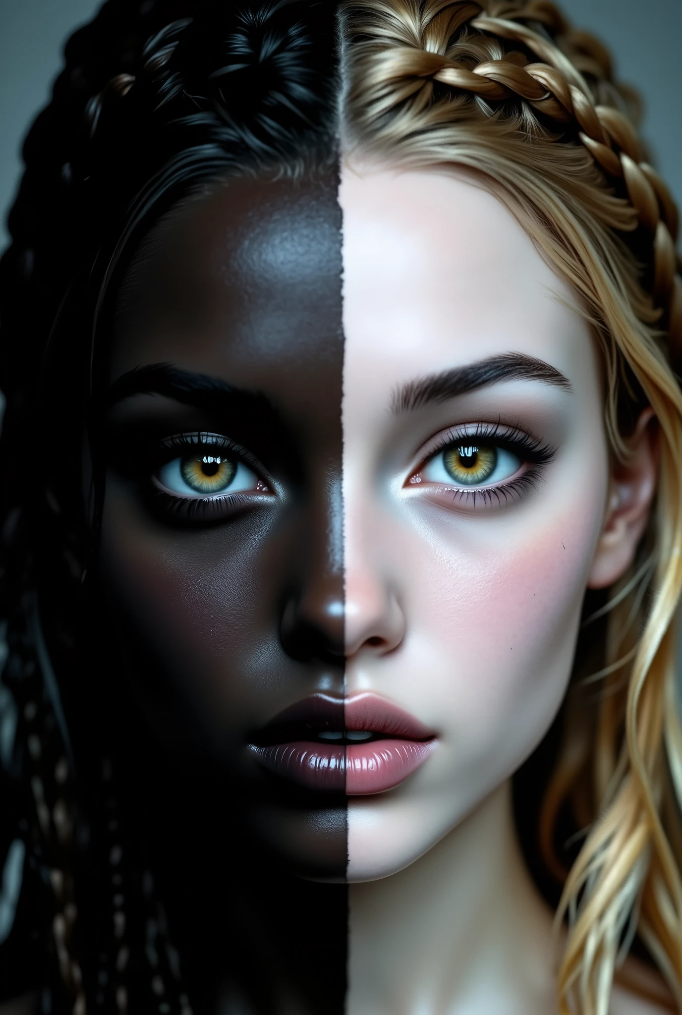 ( highdefinition images、Pro Work 、Artistic、 The Greatest Masterpiece、 Draw realistically accurately with detailed details 、 Detailed texture :1.2)、( beautiful in a dark room 1A girl who is black on the right and white on the left 、 on the right is braided hair bundled at the back 、On the left is long blond hair 、光に照らされている美しい and look up your profile、Small chin、 big eyes、 Feeling slightly apart between eyes 、( big eyes)、Beautiful Nose、Thick lips、( beautiful jet black skin and beautiful white skin 、 expresses skin texture in detail down to pores )、(( and look up your profile、Face sticking out 、Half and Half、Split、The background is a dark room )):1.5)
