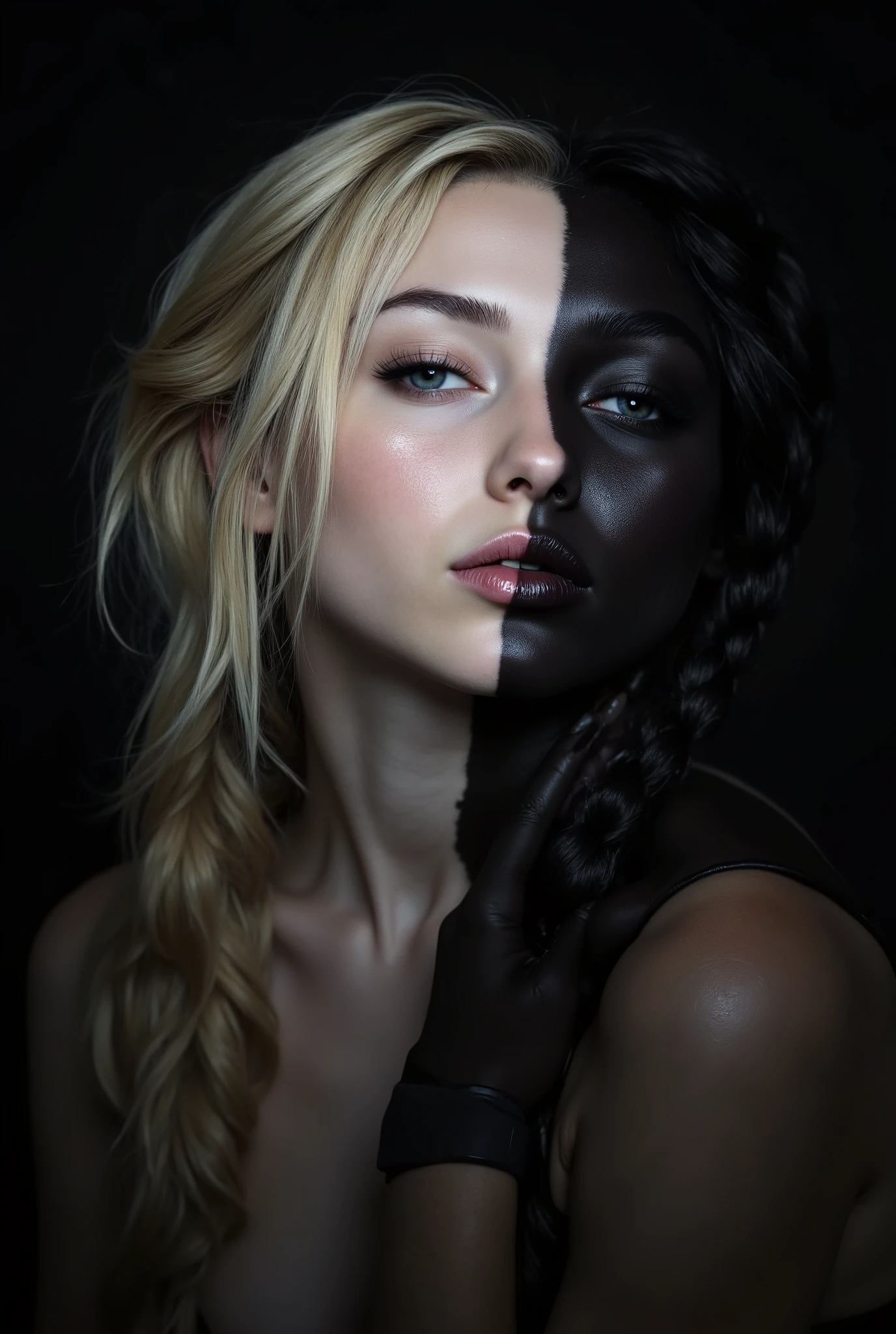 ( highdefinition images、Pro Work 、Artistic、 The Greatest Masterpiece、 Draw realistically and accurately with detailed details、 Detailed texture :1.2)、( beautiful in a dark room 1A girl who is black on the right and white on the left 、 on the right is braided hair bundled at the back 、On the left is long blond hair 、光に照らされている美しい and look up your profile、Small chin、 big eyes、 Feeling slightly apart between eyes 、( big eyes)、Beautiful Nose、Thick lips、( beautiful jet black skin and beautiful white skin 、 express the texture of the skin in detail down to the pores )、(( and look up your profile、Face sticking out 、Half and Half、Split、The background is a dark room )):1.5)