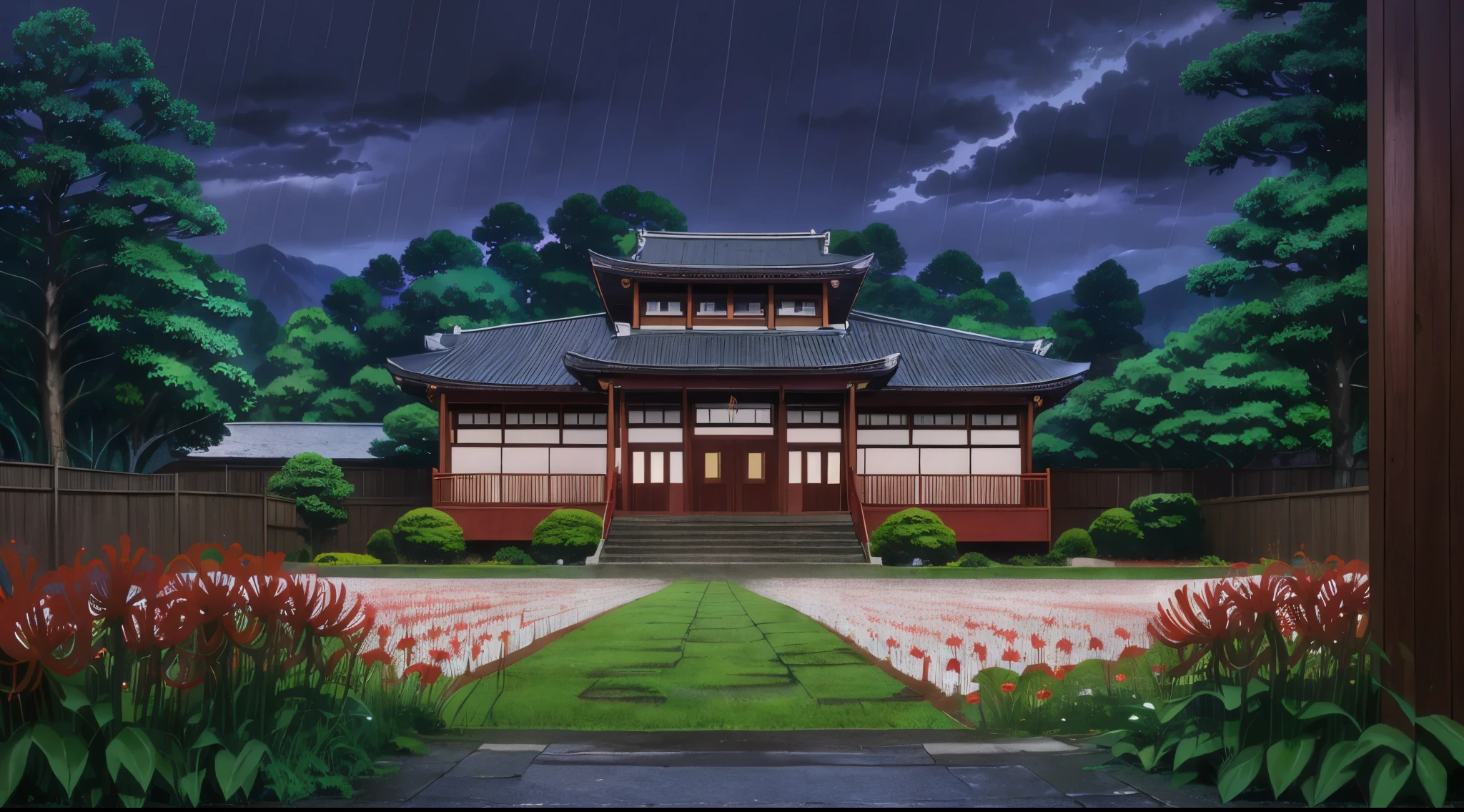 (Rainy sky) (Raindrops) (Evening) (Orange Sky)
(80’s Anime) (classic) (Vintage) (retro)

1980’s Tokyo Jujutsu High is a broad campus of several buildings build in a traditional Japanese High School architectural style.

The school building is well hidden on Tokyo's outskirts, far and high in the mountains. Naturally, there is a big garden where there are a lot of Higanbana other wise known as ((Red Spider Lily Flowers)) around the property to further obscure the location.

(View from the Red Spider Lily Flowers)