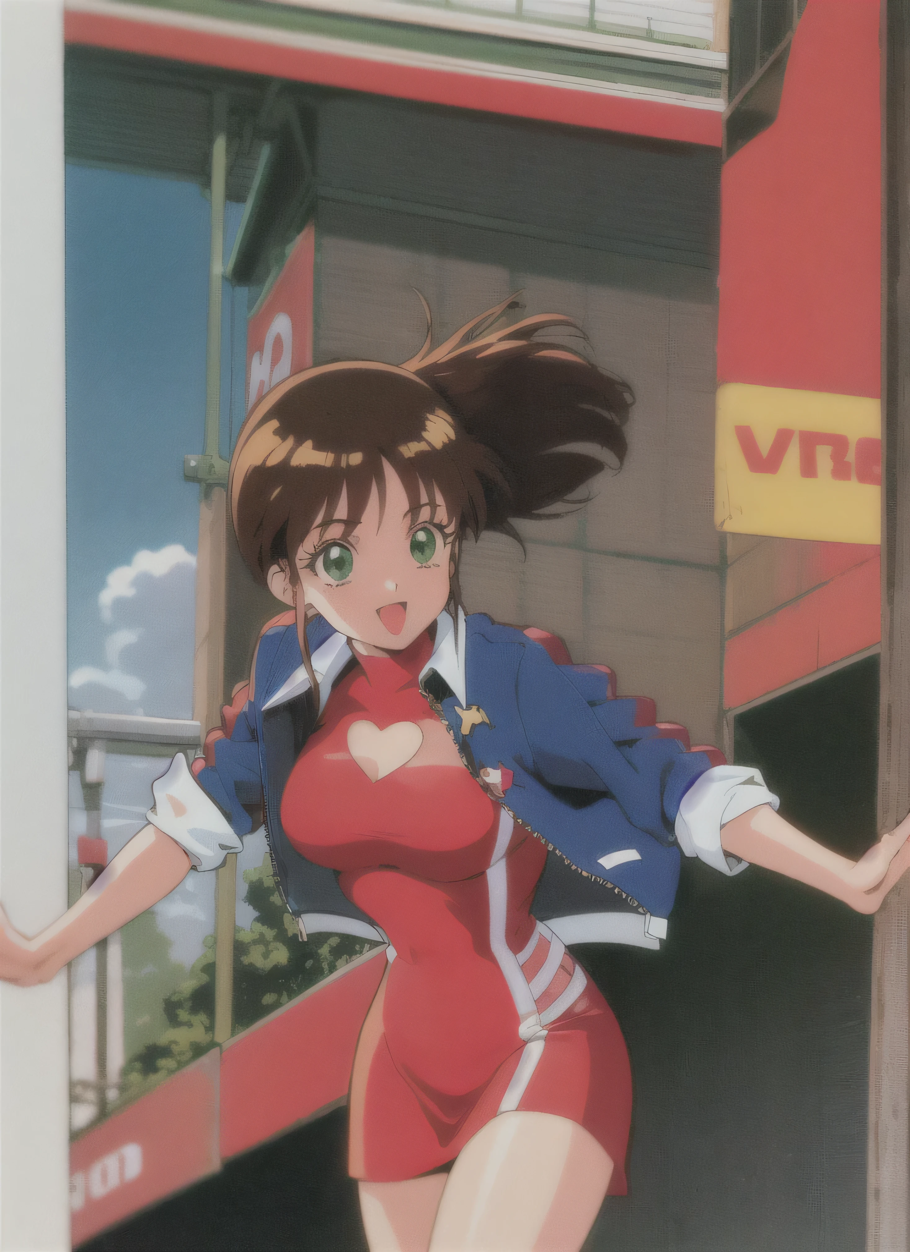 Assugodol, One girl, alone, Visor Cap, hair ornaments, Jacket, dress, pantyhose, Open your mouth, 1990s (style), smile, Cowboy Shot, Cleavage cutout, Race Queen, White pantie, Panty shot