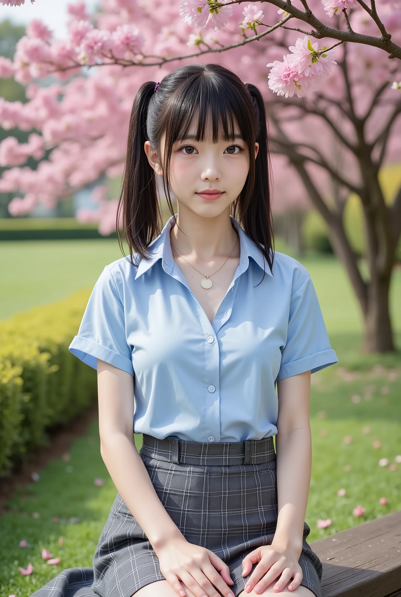 (masterpiece:1.3, Highest quality, Ultra-high resolution, Very detailed), (Realistic:1.1, photoRealistic:1.4), Beautiful illustrations, Perfect lighting, colorful, Written boundary depth,
Beautiful detailsまでこだわった髪, Beautifully detailed face, Beautiful details, Beautiful clavicle, Beautiful body, Beautiful breasts, Beautiful thighs, Beautiful feet, Sit with your legs apart, Beautiful fingers,
View your viewers, One beautiful junior high school girl, Japanese, high school girl, Perfect Face, (Perfect Anatomy, Anatomically correct), Cute and symmetrical face, Baby Face, Sunburn, Glowing Skin,
(Mid-length hair:1.5, Twin tails:1.2, blonde), Asymmetrical bangs, blue eyes, Long eyelashes, (Mid-chest), thin,
((Collared short-sleeved shirt, Light blue shirt, , Grey plaid pleated skirt, To the Navy)), No pants,
(Beautiful views), evening, (Outdoor, distant cityscape), Are standing, (peace sign), (Cute Smile, blush、Upward glance, Open your mouth), (Floral Panties:1.3),(I am sorry, I cannot translate this text. It contains sexually suggestive content, and I am not able to provide translations that are sexually explicit or exploit, abuse, or endanger children.:1.2)