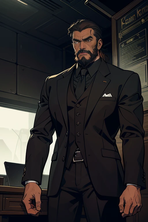 masterpiece:1.2, best quality, absurdres, techo hacker office background, dark lighting, action shot, gritty, man in a suit, SCI-FI, older man with combed brown hair and beard, centered portrait, in the style of Kentaro Miura, (1male), masculine man, somber expression, comic, intricate, surreal, 