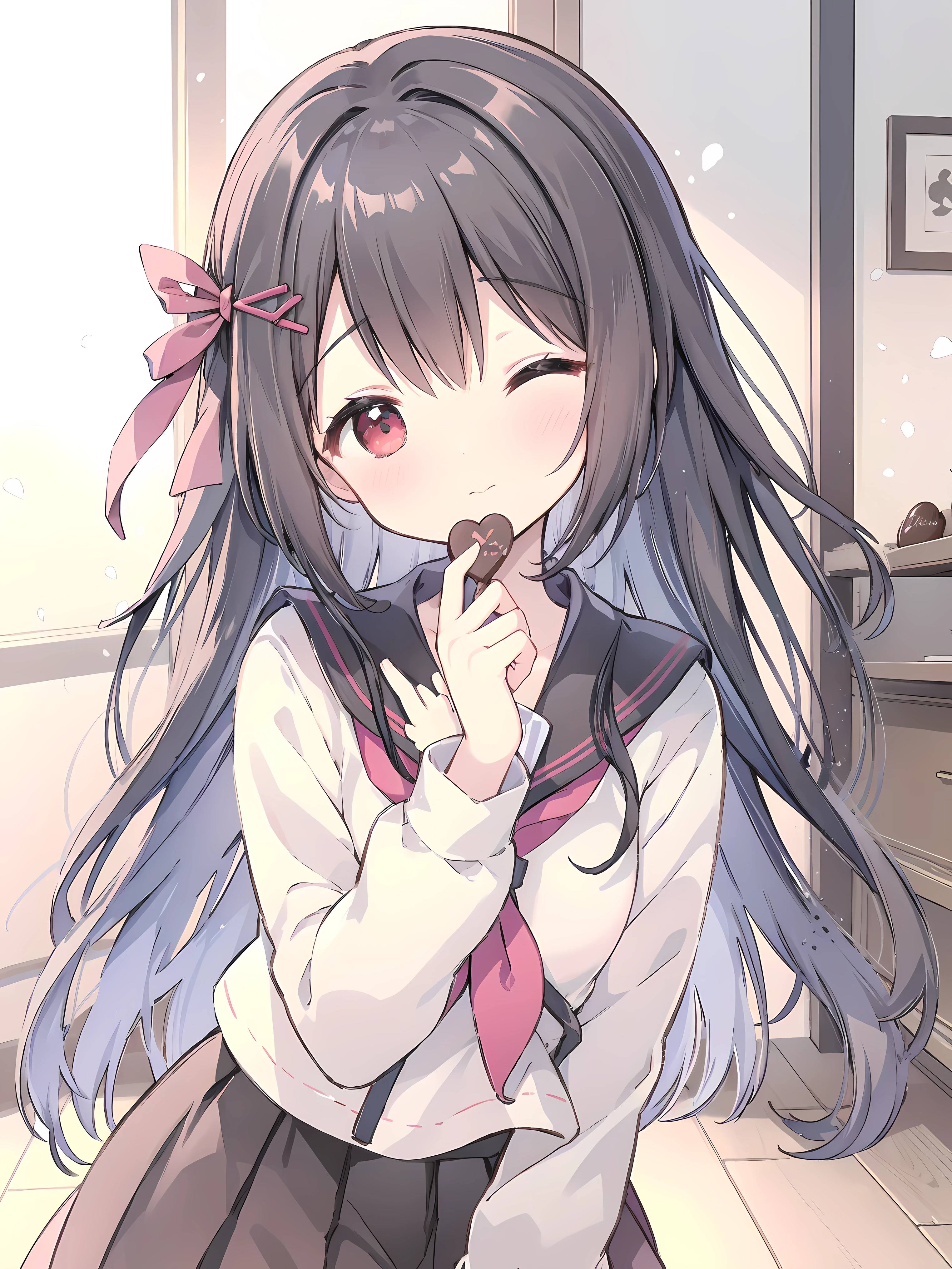 Nardack style lora, a soft and dazzling high school girl , her short stature is cute little , her hair is dark black and her eyes are amber red , The high school girl is wearing a summer sailor uniform, Feed the viewer a piece of Valentine's chocolate, her eyes closed next to winking like a flirty girl close up