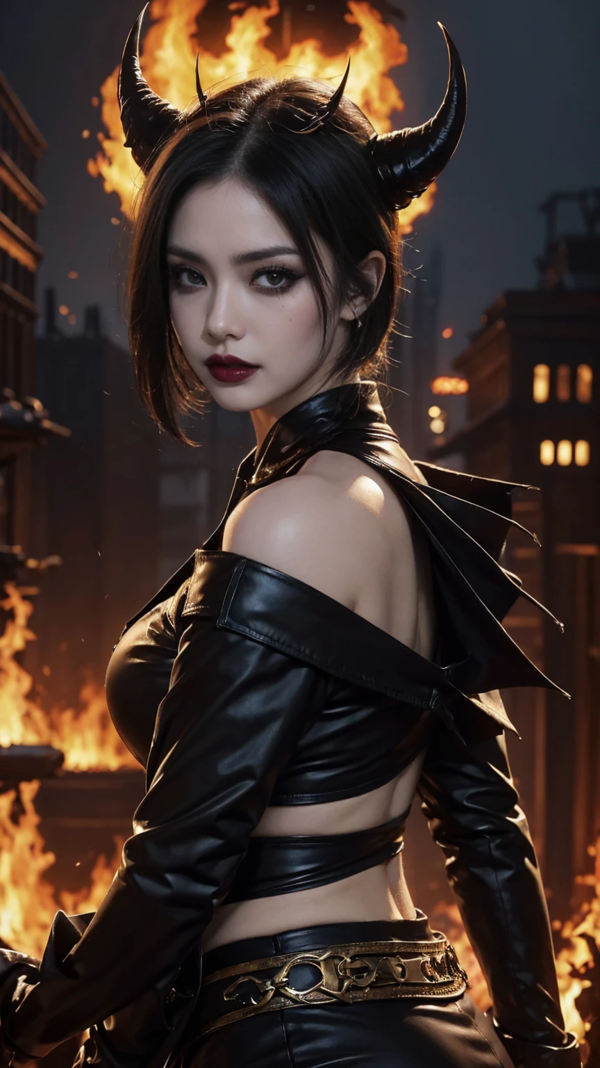 European woman on a roof, gotham city, 30 years old, Ninja Outfit, mask on face, Taki, Soulcalibur, Dark hair, red lips, Eye shadow, slutty makeup, Ponytails ,big breasts,Second Life Avatar, Beautiful screenshot, Second Life,attractive woman, high quality, highly detailed skin