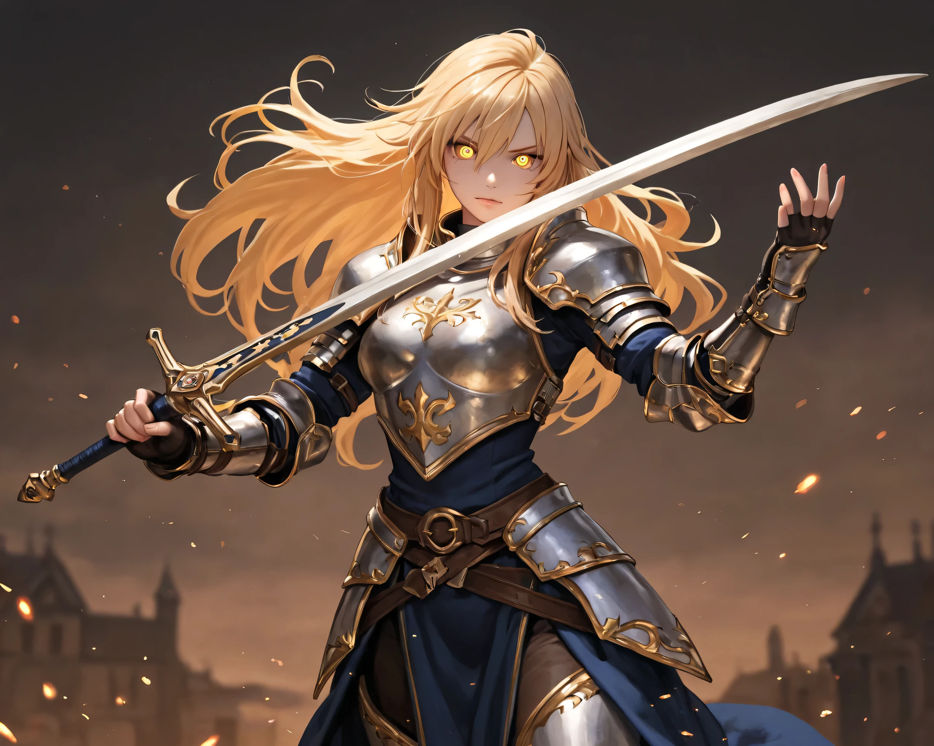 Scary looking blonde and golden eyes female warrior in a fantasy knight armor and holding a long sword