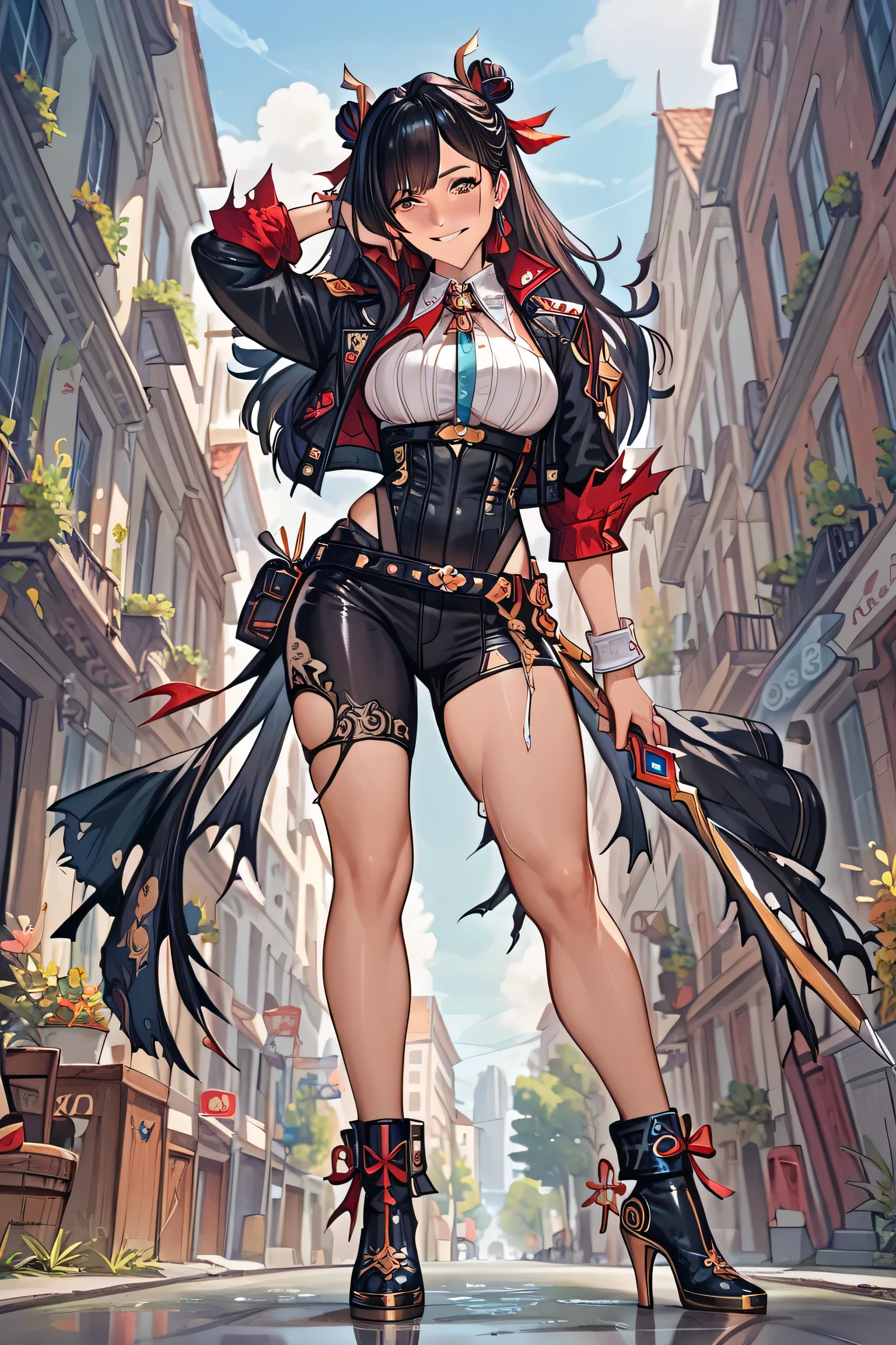 anime - style illustration of a woman, (wearing torn clothes:1.5), video game character, official character art, trending on cgstation, e-girl, cushart krenz key art feminine, full body, female action anime girl, blush, smile, (standing Posing:1.5), from below, embarrassed,