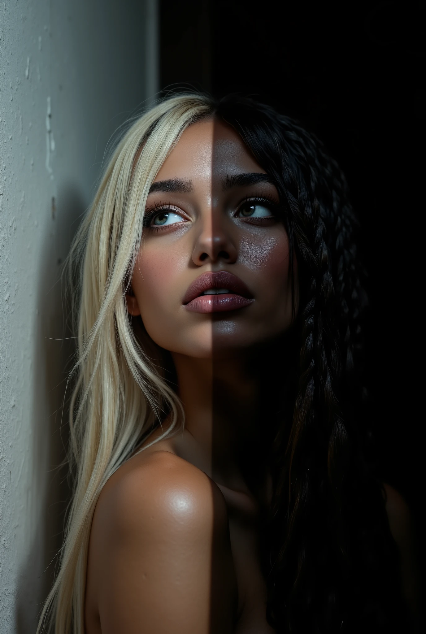 （ highdefinition images、Pro Work 、Artistic、 The Greatest Masterpiece、 is drawn realistically and accurately with detailed details、 Detailed texture :1.2）、（The background is a white wall on the right and a black wall on the left 、 separate the colors of the background wall accurately、 beautiful１A  girl who is black on the right and white on the left 、 on the right is braided hair bundled at the back 、On the left is long blond hair 、光に照らされている beautiful and look up your profile、Small chin、 big eyes、 Feeling slightly apart between eyes 、（ big eyes）、 beautiful鼻、Thick lips、（漆黒の beautiful肌と白いの beautiful肌、 express the texture of the skin in detail down to the pores ）、(( and look up your profile、Face sticking out 、Half and Half、Split、The background is a dark room )):1.5）