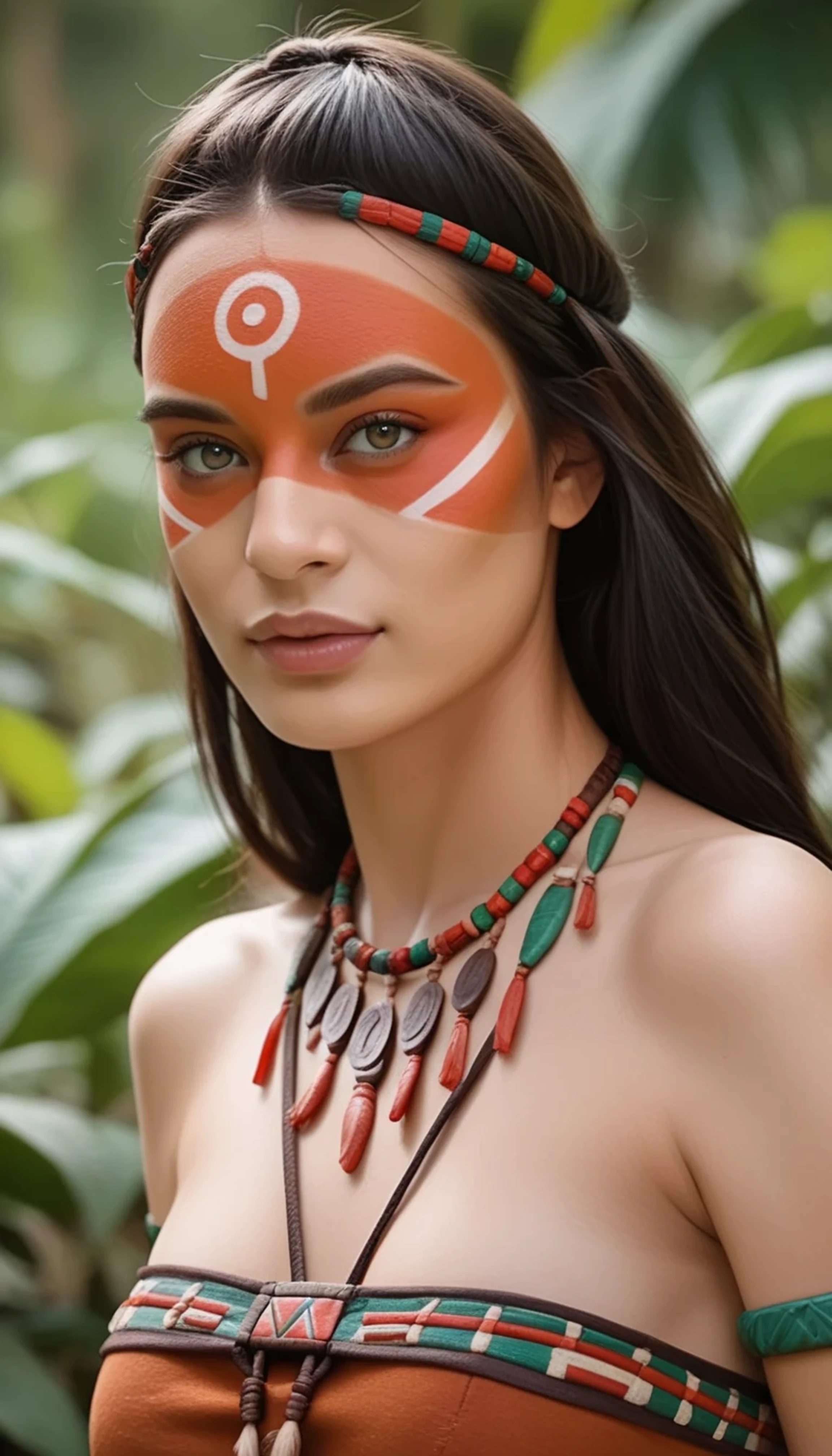 beautiful woman with medium breasts and long black hair, with red face paint, wearing Mayan tribal outfit, photorealistic, brave expression, looking at viewer, slim petite body