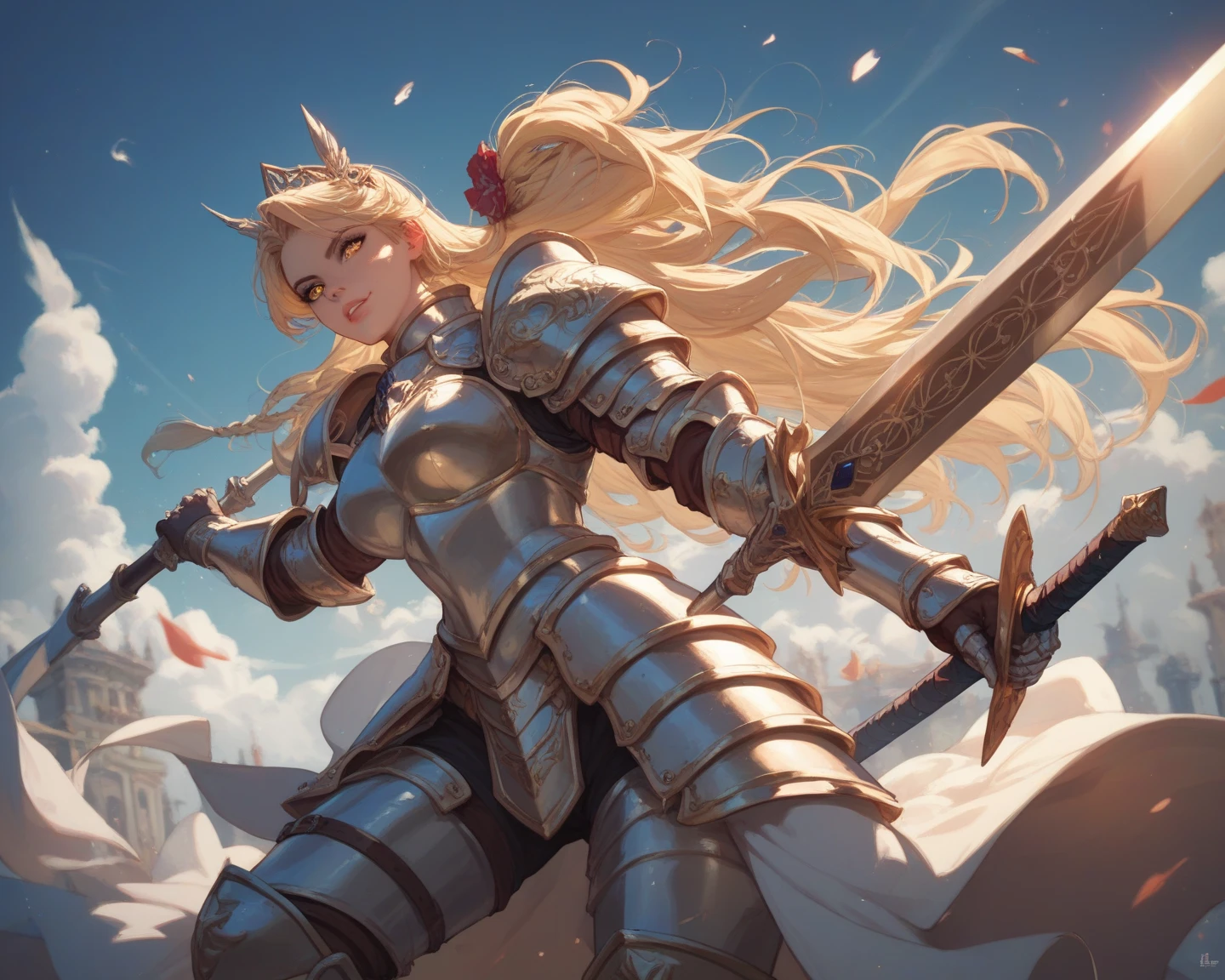 4k,High resolution,one woman,centaur,blonde,long hair,blue eyes,knight,white holy armor,hat with feathers,long sword,Plain color