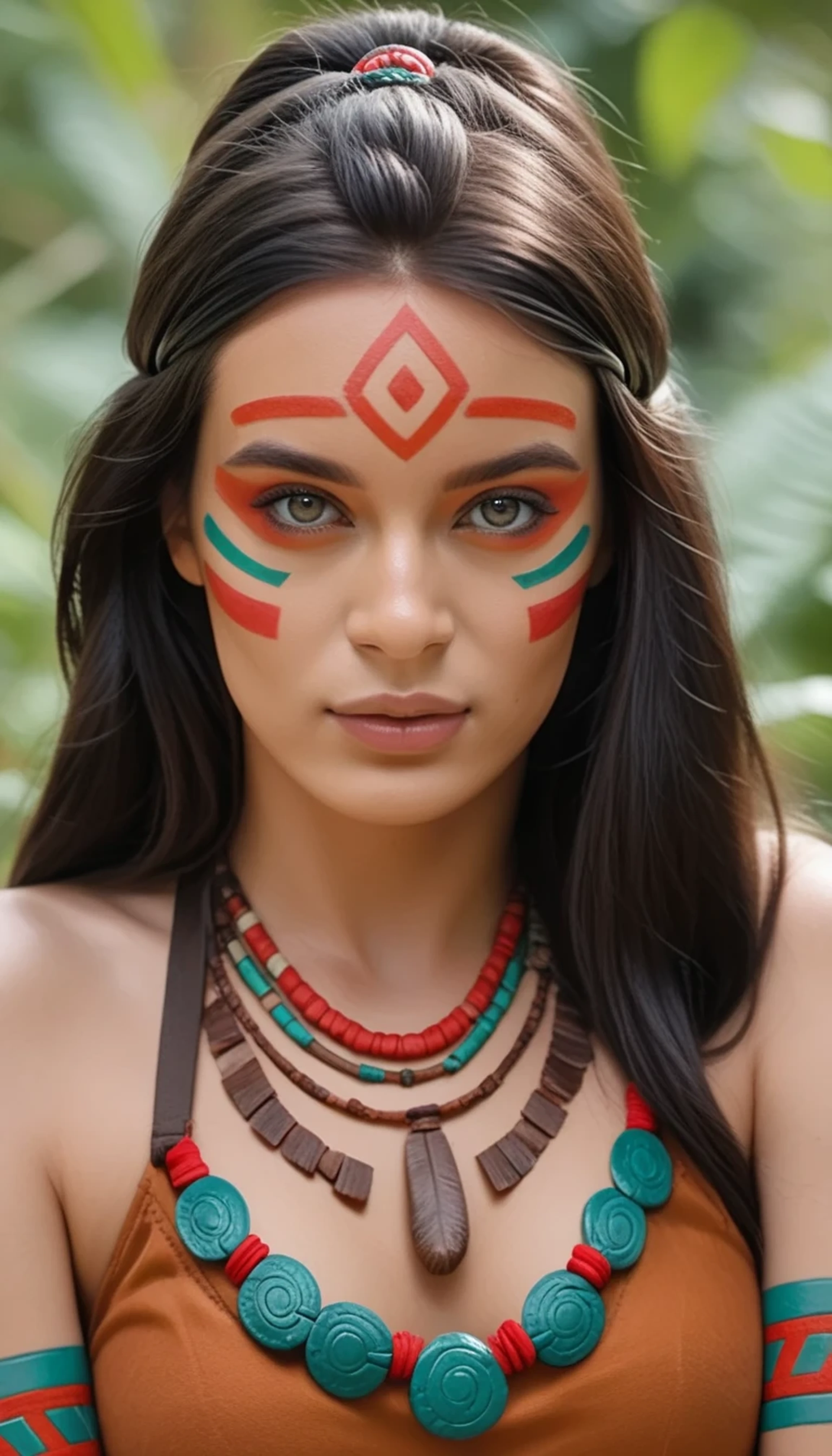 beautiful woman with medium breasts and long black hair, with red face paint, wearing Mayan tribal outfit, photorealistic, brave expression, looking at viewer, slim petite body