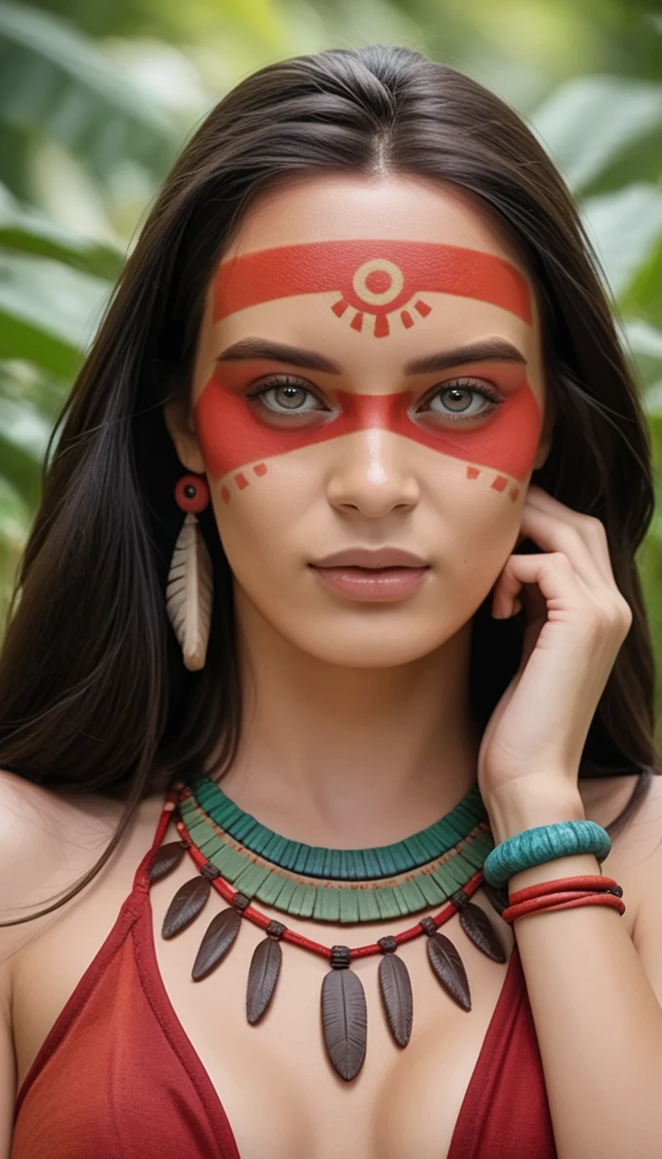 beautiful woman with medium breasts and long black hair, with red face paint, wearing Mayan tribal outfit, photorealistic, brave expression, looking at viewer, slim petite body
