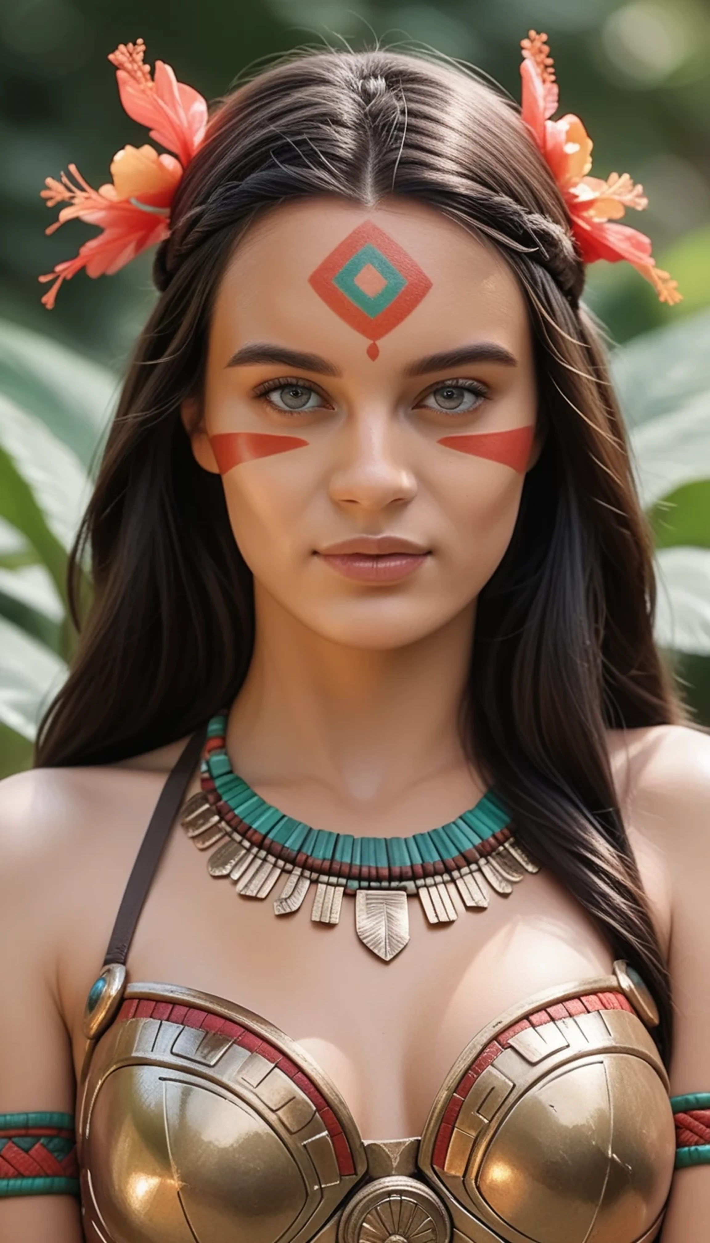 beautiful woman with medium breasts and long black hair, with red face paint, wearing Mayan tribal outfit with cyan colors, with gold armor pieces, photorealistic, brave expression, looking at viewer, slim petite body