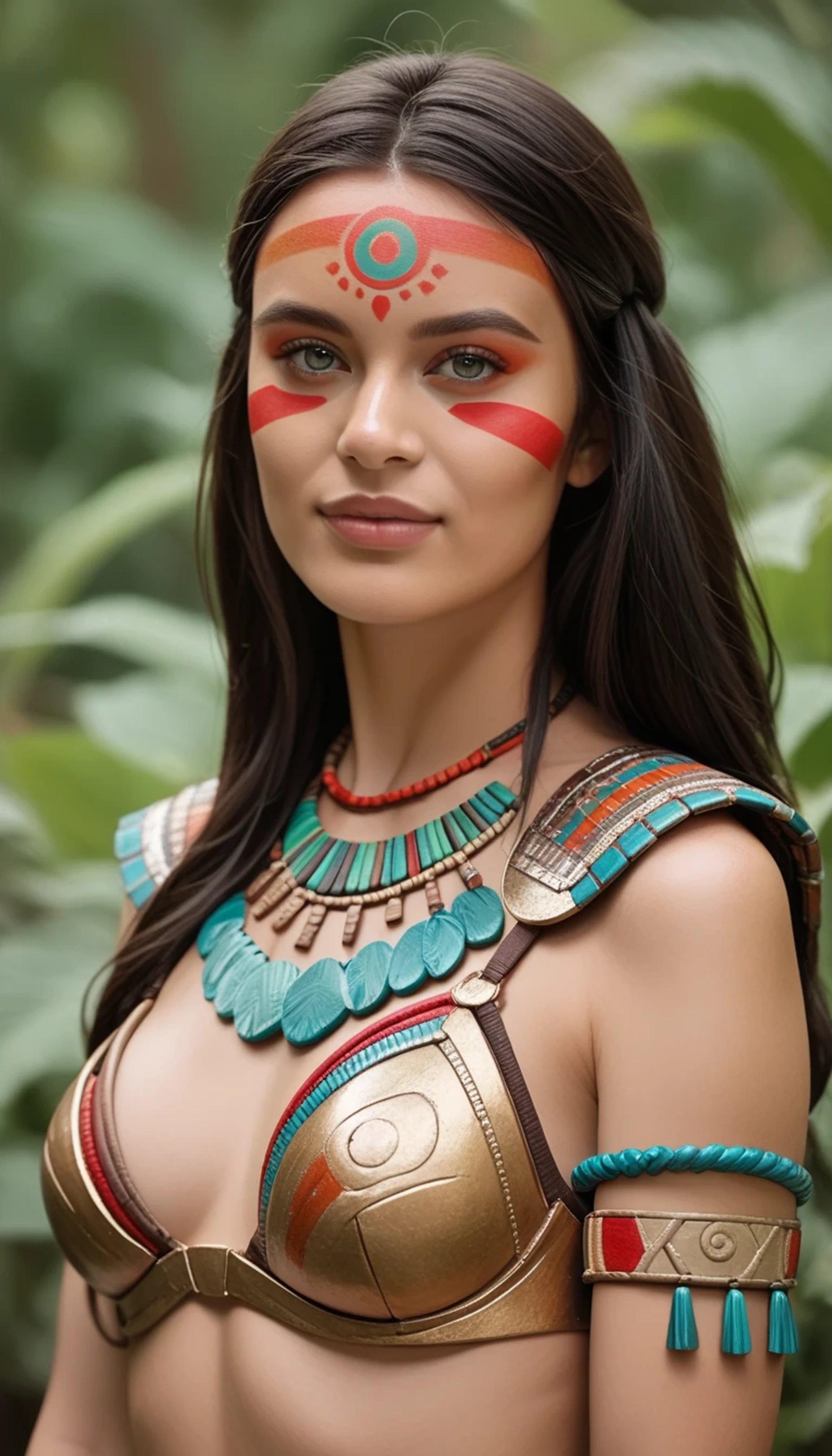 beautiful woman with medium breasts and long black hair, with red face paint, wearing Mayan tribal outfit with cyan colors, with gold armor pieces, photorealistic, brave expression, looking at viewer, slim petite body