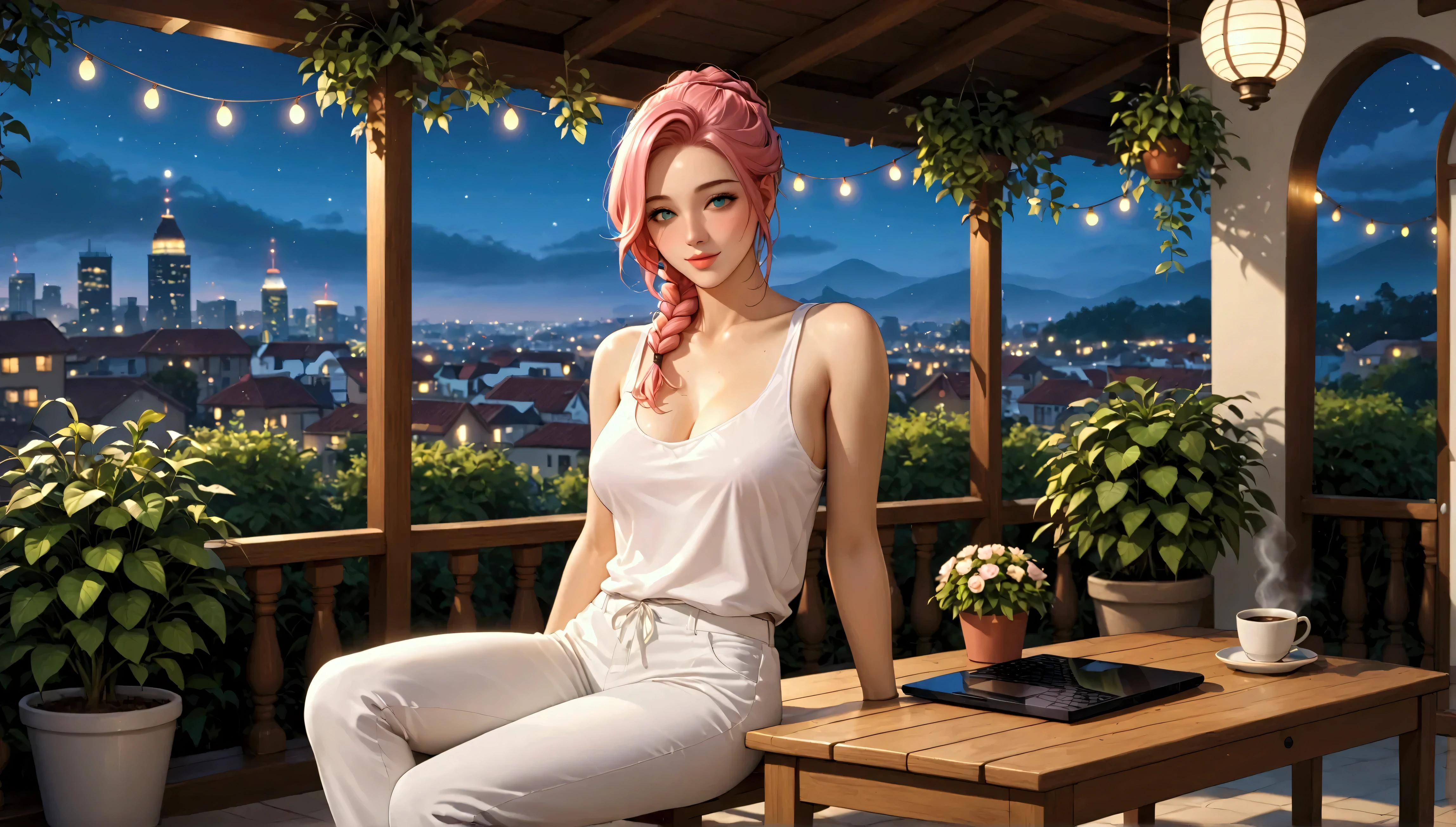 "A girl nice body nice breast with pastel green and pink hair tied in a braid relaxes on a cushioned bench in a rooftop garden. She is wearing a white tank top and loose linen pants, her laptop resting on a small wooden table beside a steaming cup of coffee. The garden is surrounded by potted plants and string lights that glow softly in the cool night air. Beyond the balcony, a quiet cityscape twinkles with scattered lights, adding a tranquil urban touch to the lush greenery around her."
