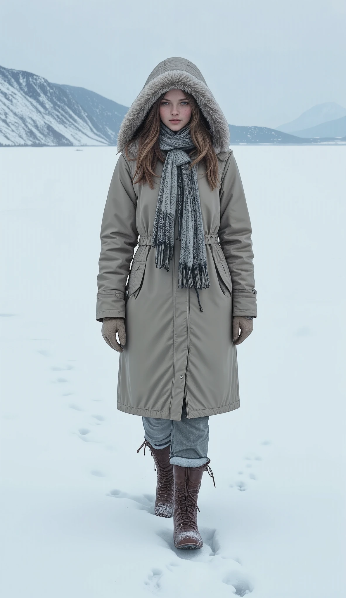 masterpiece、más alta calidad、 High resolution、 photorealistic 、 High resolution、 RAW photo、(( A girl in warm winter clothing walking through a snowy field in northern Norway:1.2))、Only her fingerprints remain in the snow .、