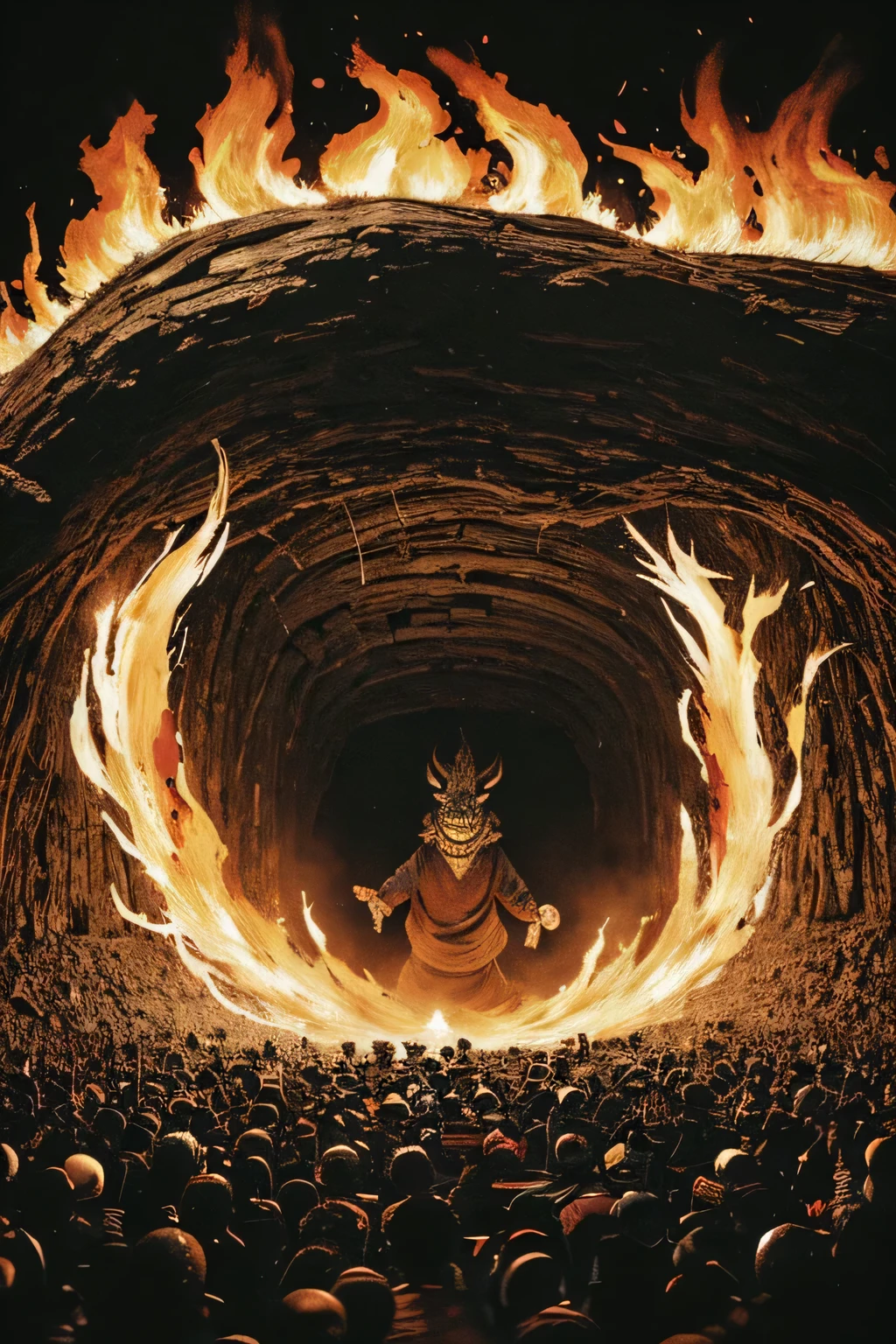 ( monster), ((Jump Scare)),  outline warm color, ((festival)), ((Chojugiga)), ((Shihon Bokuga)),  antique , (personality personification ), (Ink painting),  Black and White Art , (Old paper style illustration), (Hunting Painting Style, Little  monster, Old performance, Variation pointillism,  flat illustration ,  creepy, ( Horror elements),  creepy worldview, ( Primitive art ),  outline warm color,  it's a style like an old picture scroll-like, Old stage, Ancient mural style, Countless fireballs floating in the air