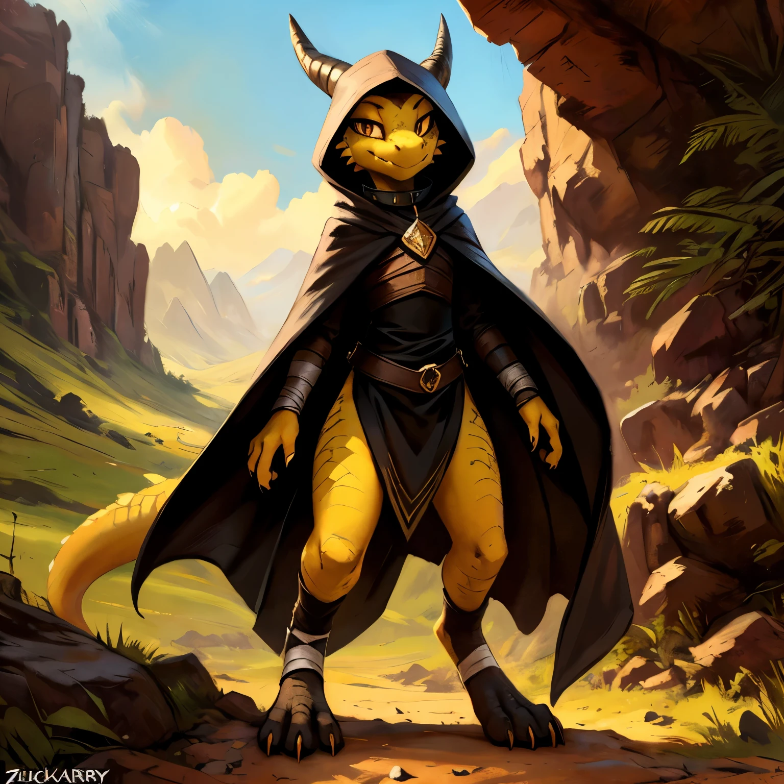 (((by Zackary911, by Kenket, by Kilinah))), solo female, bright yellow skin, black scales, (((yellow Kobold)), (detailed black kobold)) wearing a cloak with a hood, gem on the collar, bandaged thighs and bandaged chest, black kobold tail, front view, looking at the observer with a smug smile, perspective, finely detailed paws