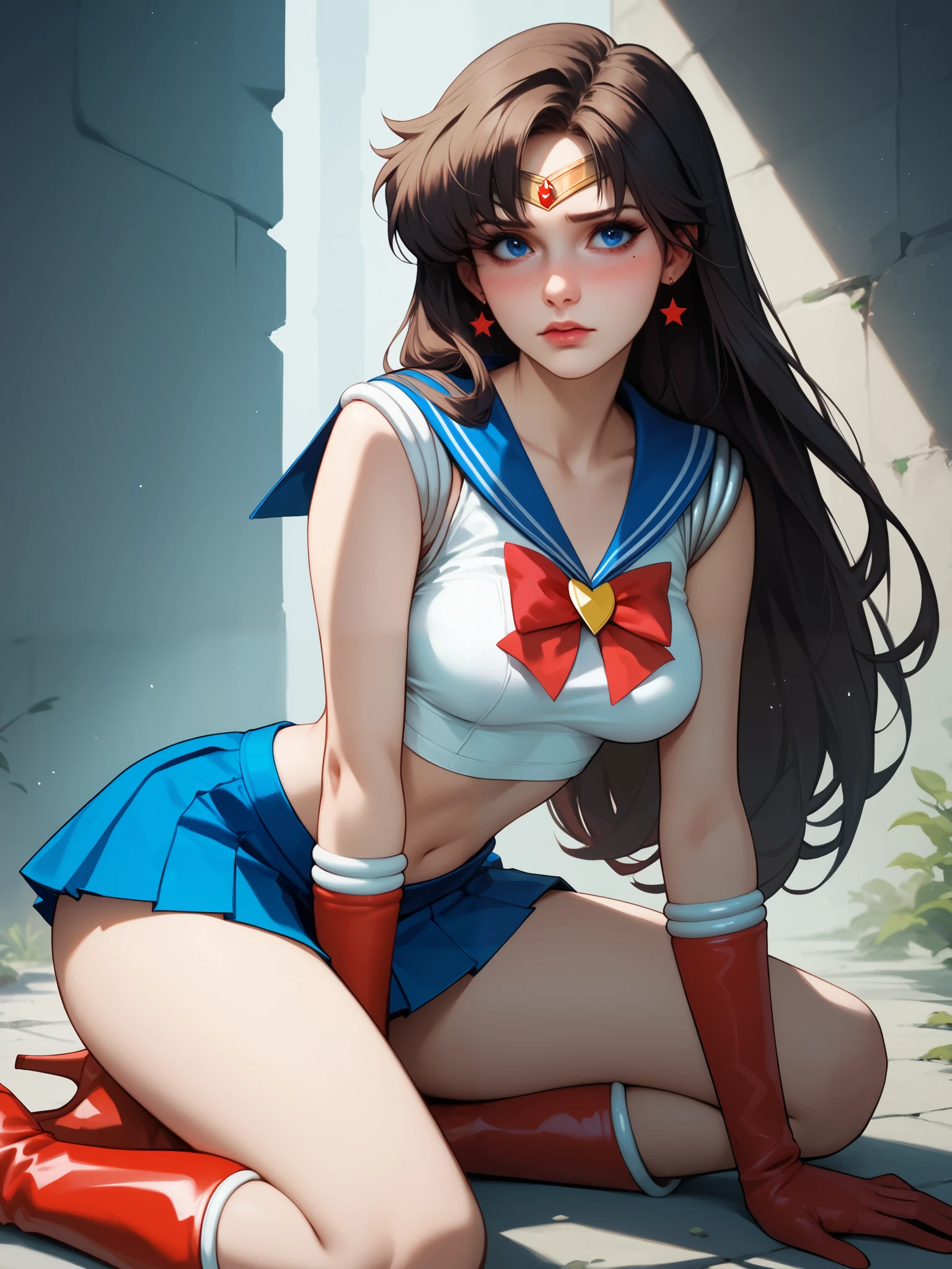 A fire-rei that matches the original painting of Sailor Moon, delicate face, purple bow, sailor Mars fireno-rei, full body, Japanese sailor suit, white V-neck top, high-waisted red short skirt, skirt covering the butt, flesh-colored oily stockings to the waist, white combat gloves, warrior costume, short top, , gold trim, star brooch, front split design, red bow on head, combat gloves, white high boots, shin guards with flame pattern, belt detail, high-quality texture, bright colors, original manga character setting, small man's waist ,, Golden Ratio, Tall Long Legs, Vivid Expression, Charming Eyes, Delicate and Soft Skin, Long Black Hair, Dynamic Hairstyle, Smoky Makeup, Colorful Background, Shining Starry Sky, Gorgeous Cityscape with Rich Colors, HD Details, Exquisite Rendering, Stereoscopic, Realistic Image, Use of Light and Shadow, Watery Big Eyes, (Blade Eyebrows: 0.1), (High Nose Bridge: 0.6), (smile: 0.6), long red hair, (big breasts: 1.1), red eyes, sexy, (big buttocks), sheer cardigan, slim, (masterpiece: 1.2, superb), realistic, skinny, 22 years old, (real shot, fine crafted, depth of field), (1girl, solo), makeup, noble, elegant, blush, dignified, proud, confident, (fair and shiny skin), mature, (thin), (big ass: 1.3), bonny, (small mouth), black super long hair, wet body, red bow on clothes, gold headwear, ultra HD, 8k, best light and shadow, best shadow, depth of field, lots of colored bubbles, elevation view, long leg visual effect, (extended leg: 1.2), perspective enhancement, kicking action, fire special effects, seaside, sunny day, water ripple refraction, character standing in the dojo