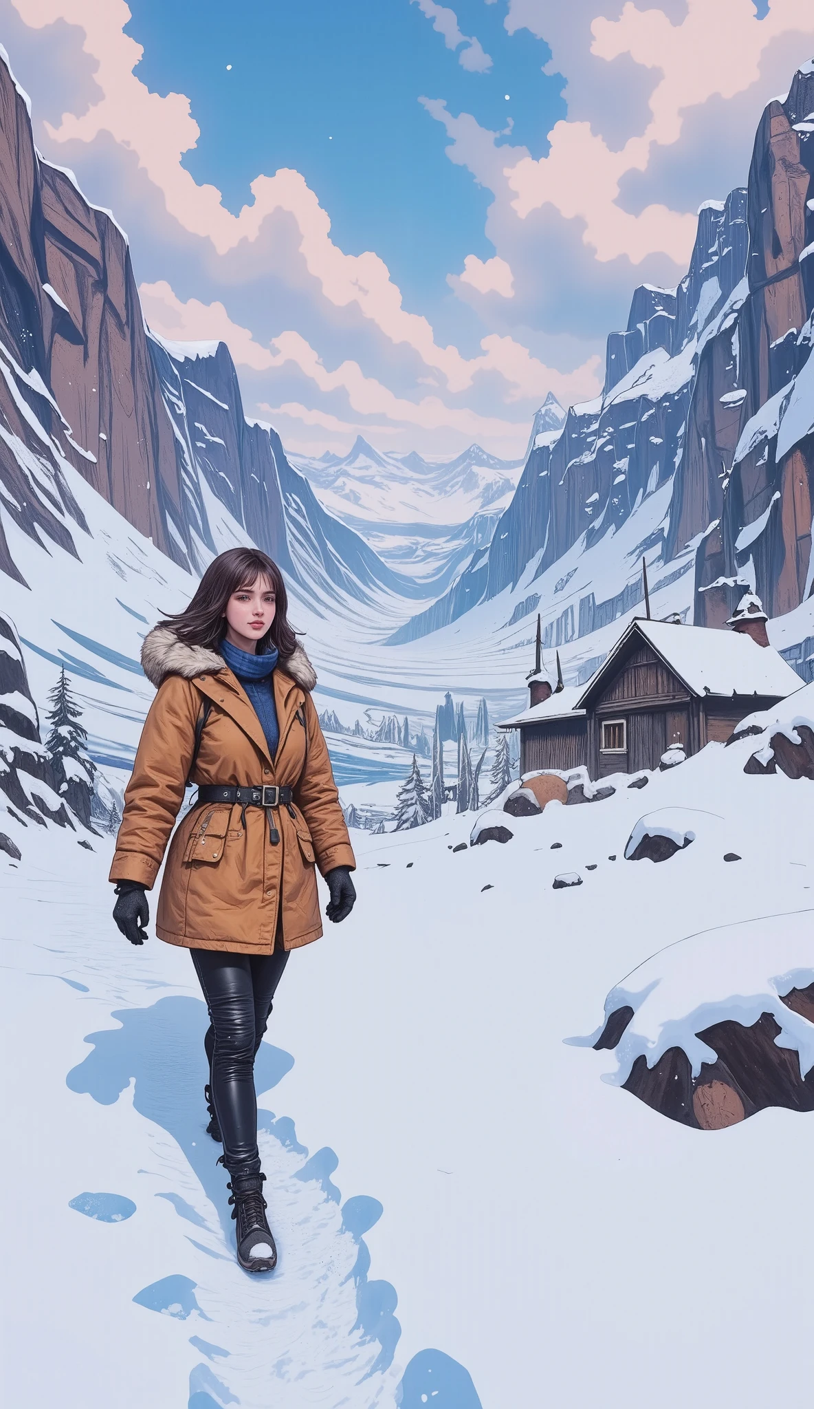 Manga style:1.5,  masterpiece、más alta calidad、 High resolution、 photorealistic 、 High resolution、 RAW photo、(( A girl in warm winter clothing walking through a snowy field in northern Norway:1.2))、Only her fingerprints remain in the snow .、