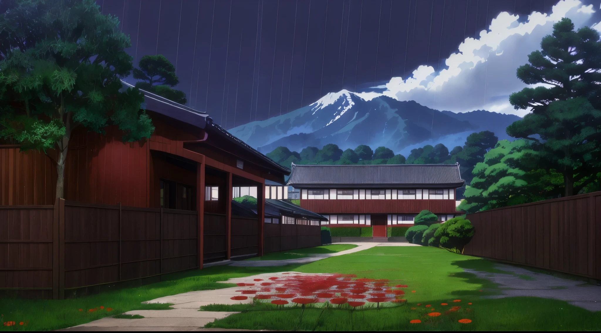 (Rainy sky) (Raindrops) (Evening) (Orange Sky)
(80’s Anime) (classic) (Vintage) (retro)
1980’s Tokyo Jujutsu High is a broad campus of several buildings build in a traditional Japanese High School architectural style.
The school building is well hidden on Tokyo's outskirts, far and high in the mountains. Naturally, there is a big garden where there are a lot of Higanbana other wise known as ((Red Spider Lily Flowers)) around the property to further obscure the location.
(View from the Red Spider Lily Flowers)
